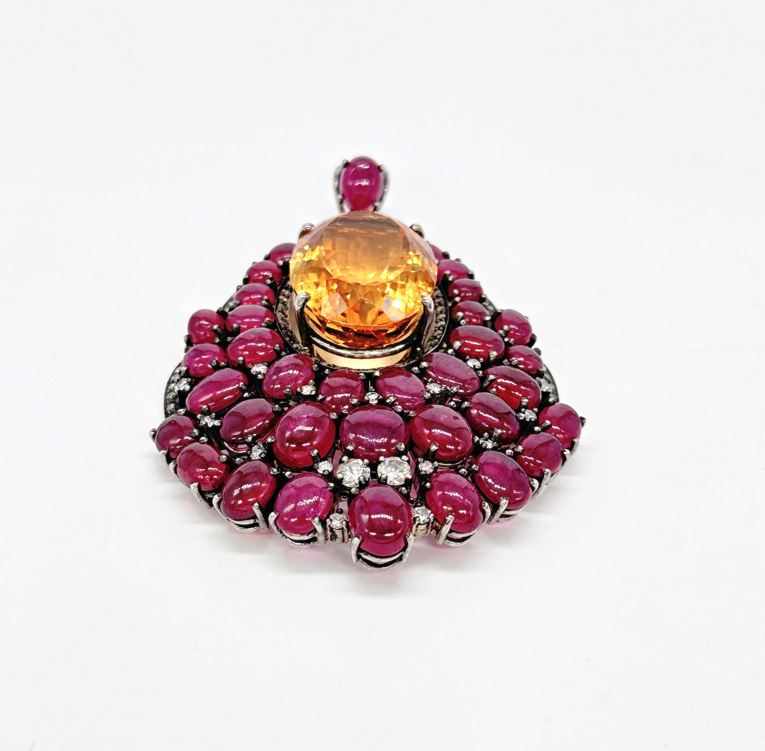 Vintage statement cabochon Ruby citrine brilliant cut diamonds silver Pendentif Neuf - En vente à Delhi, DL