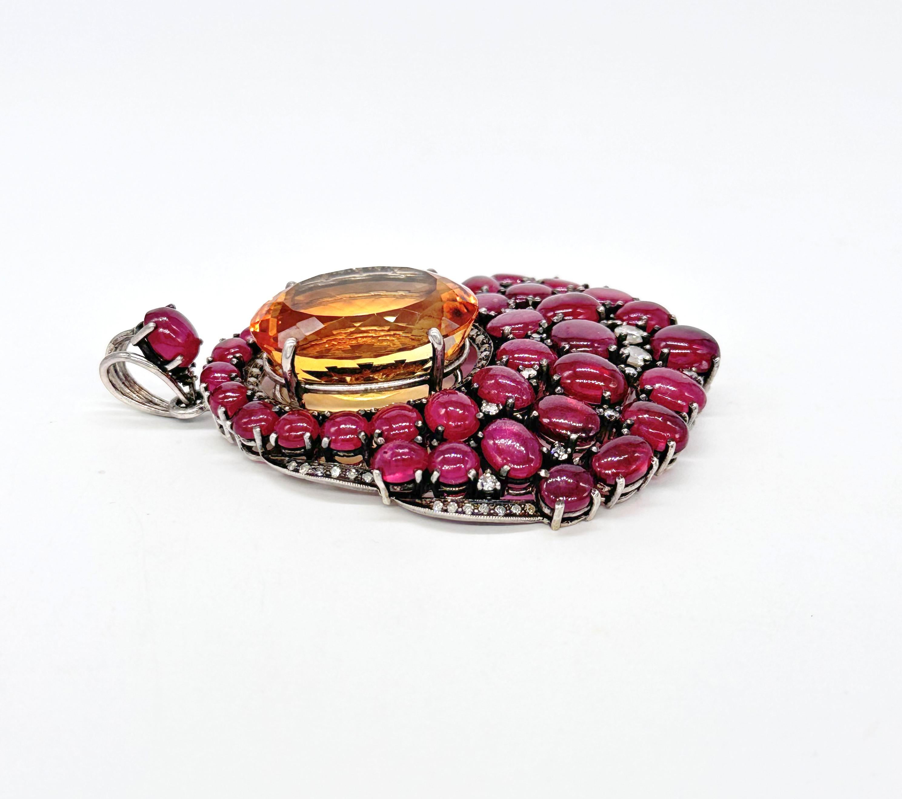 Vintage statement cabochon Ruby citrine brilliant cut diamonds silver Pendentif Unisexe en vente