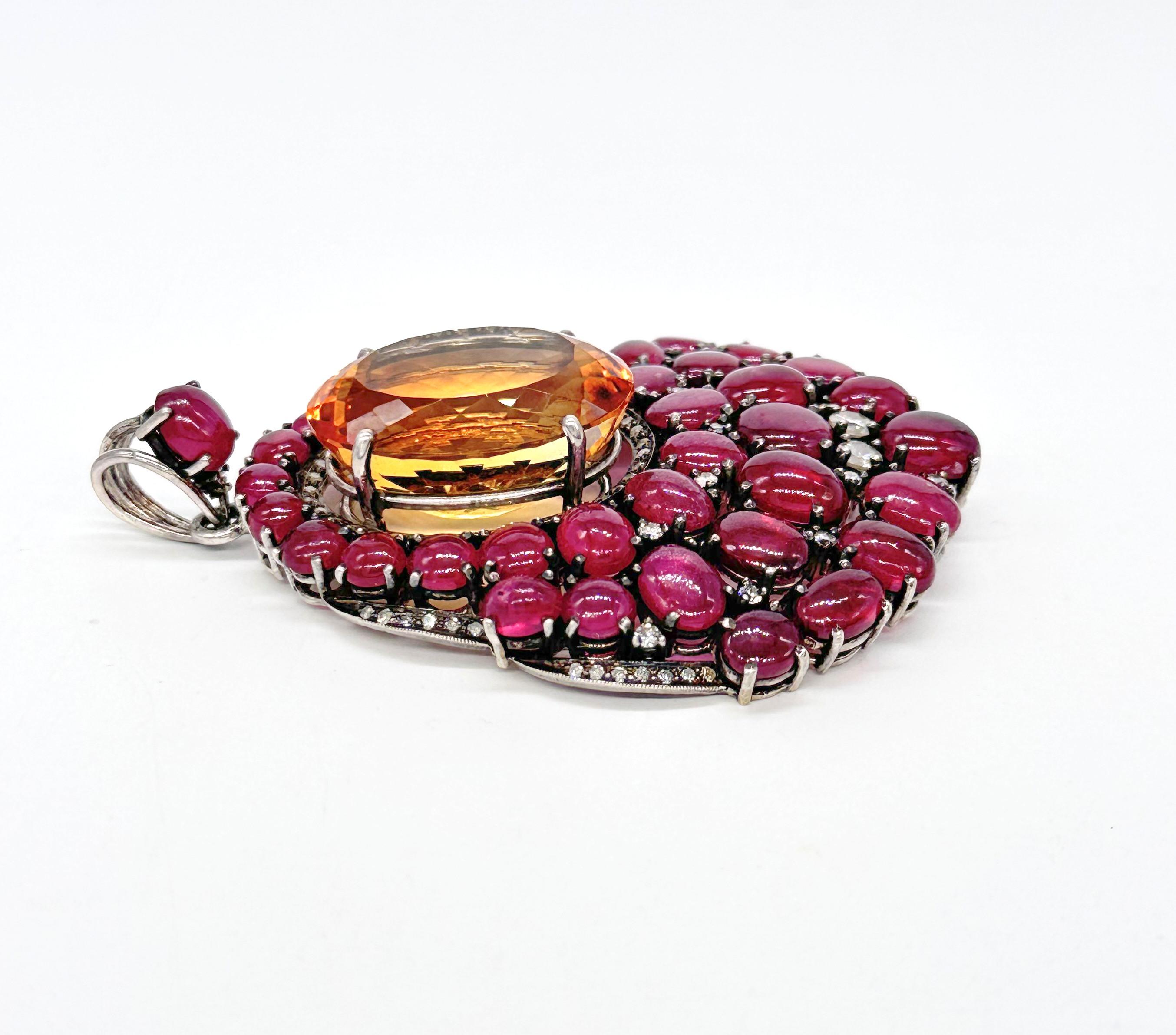 Vintage statement cabochon Ruby citrine brilliant cut diamonds silver Pendentif en vente 1