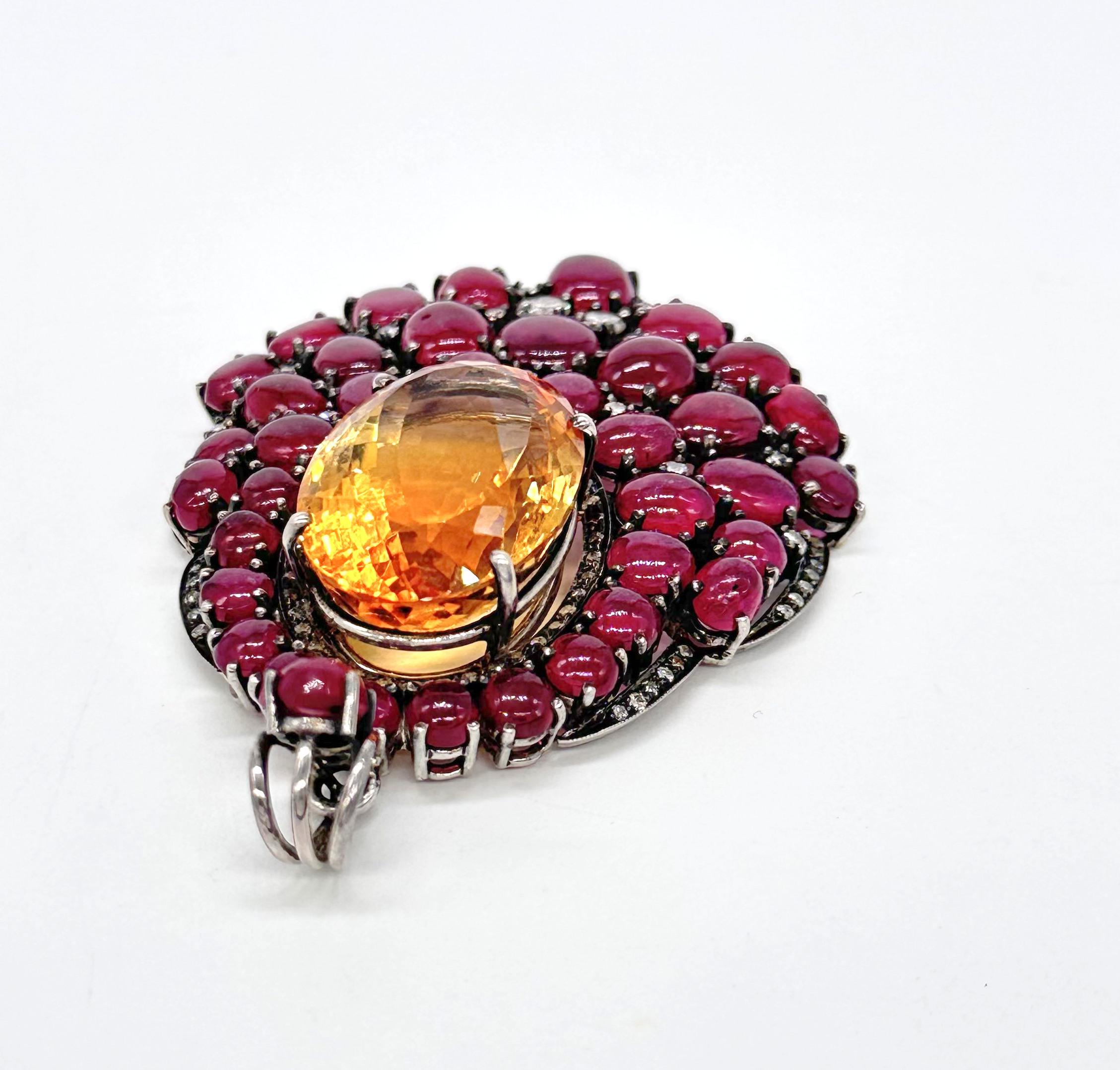 Vintage statement cabochon Ruby citrine brilliant cut diamonds silver Pendentif en vente 2