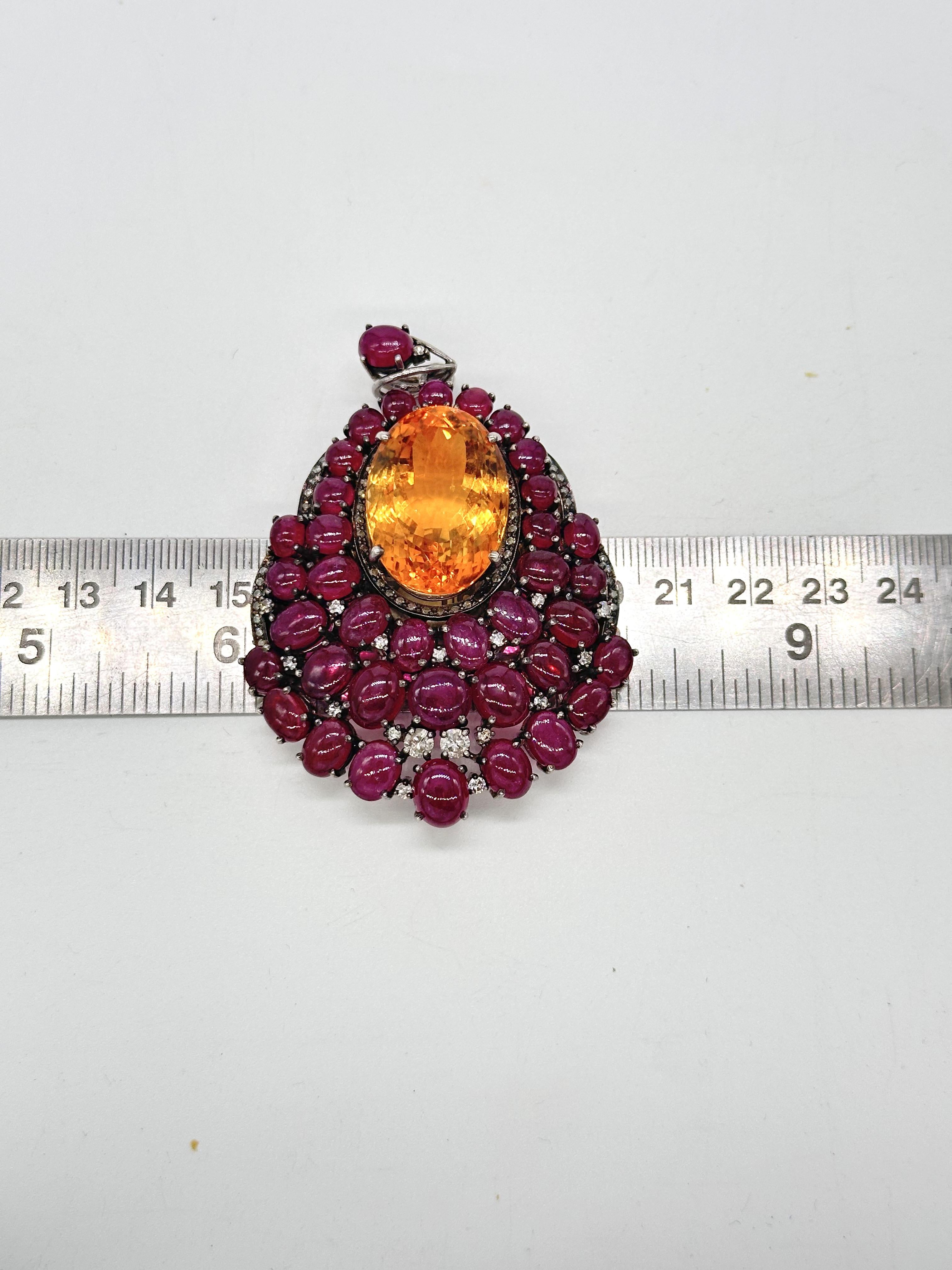 Vintage statement cabochon Ruby citrine brilliant cut diamonds silver Pendentif en vente 3
