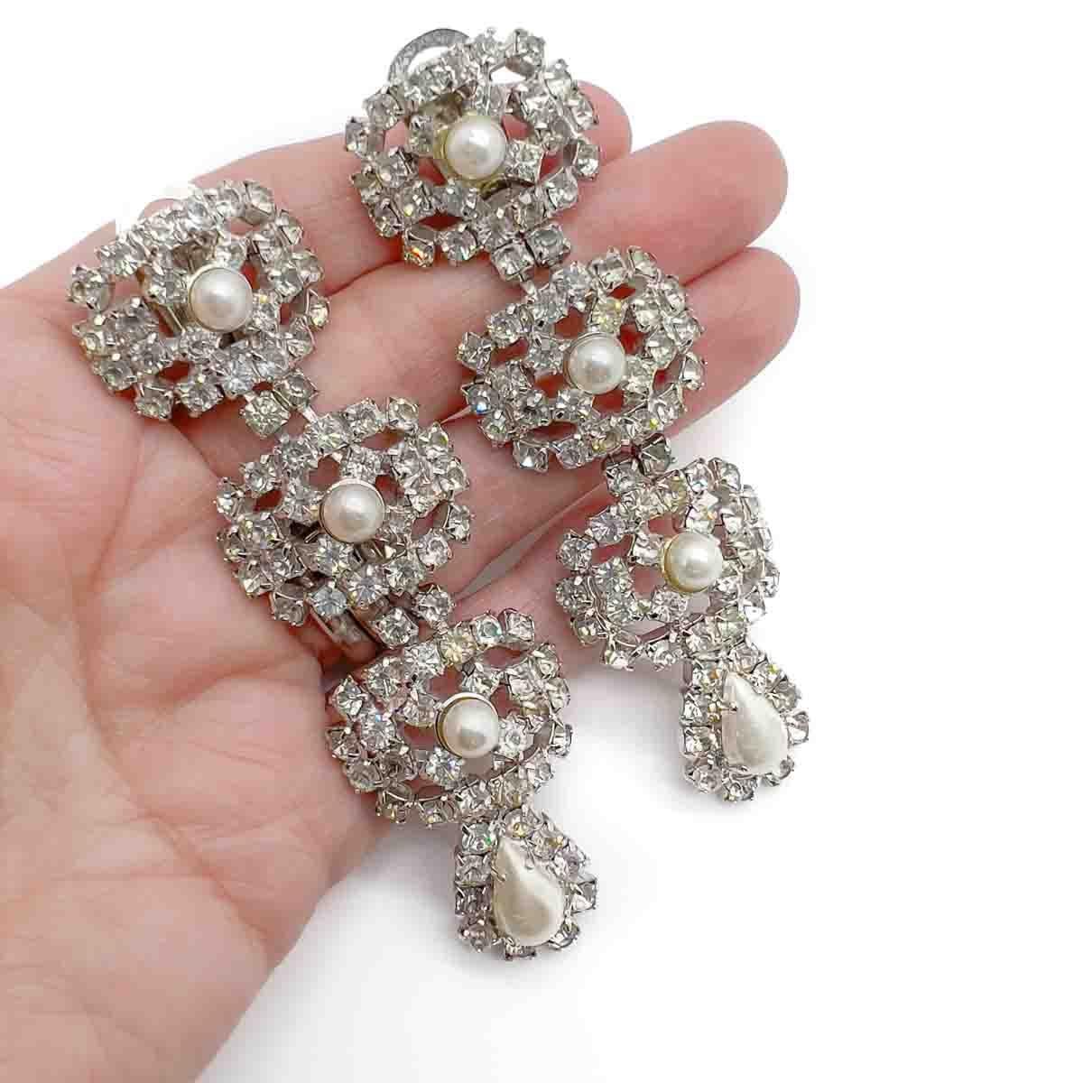 Vintage Statement Crystal & Pearl Drop Earrings 1950s In Good Condition For Sale In Wilmslow, GB