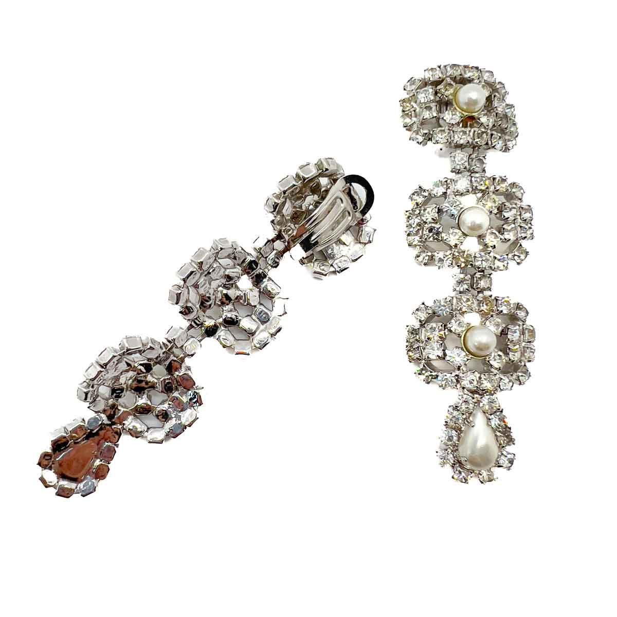 Vintage Statement Crystal & Pearl Drop Earrings 1950s For Sale 1