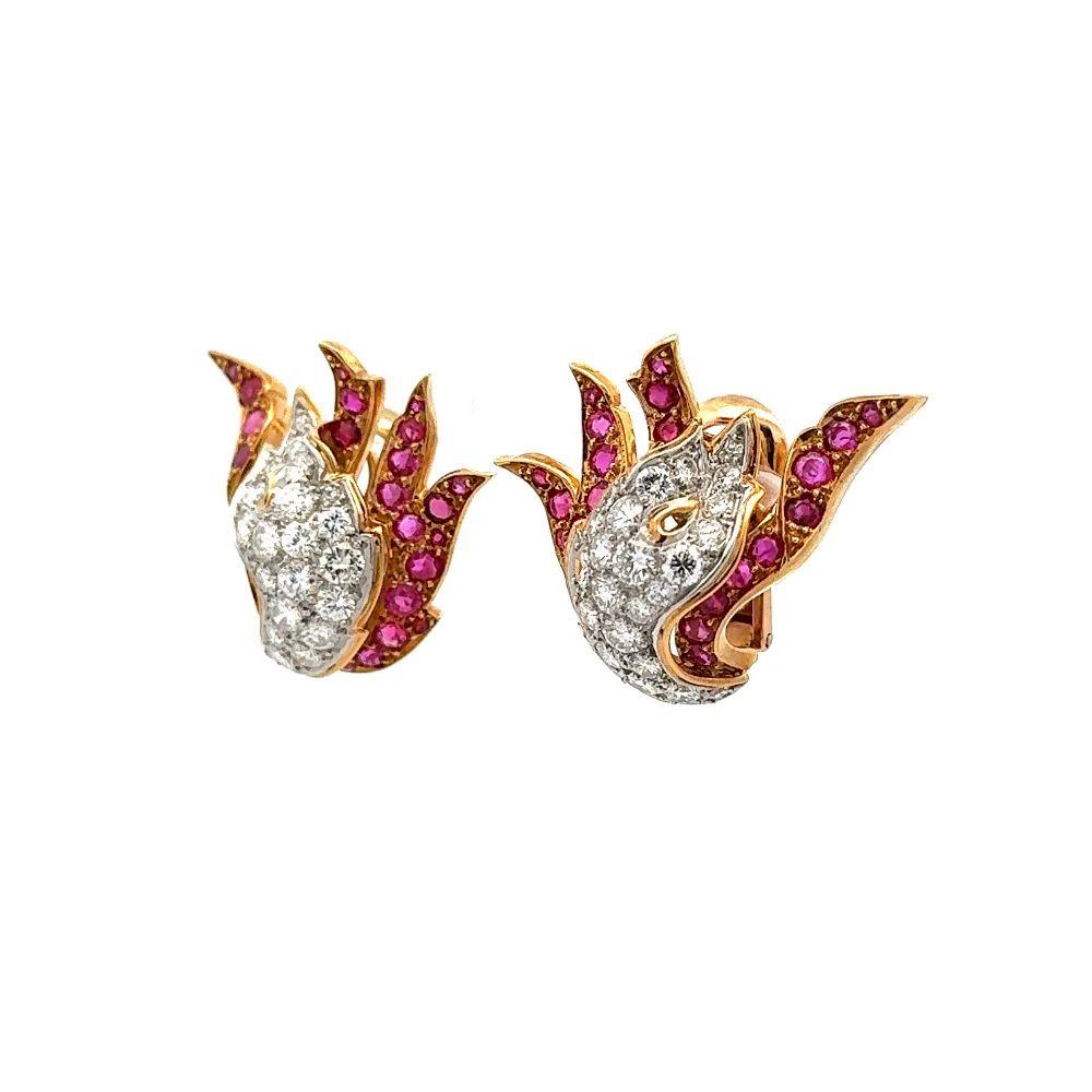 Boucles d'oreilles à clip en or et platine avec diamant, rubis et flamme. Pour femmes en vente
