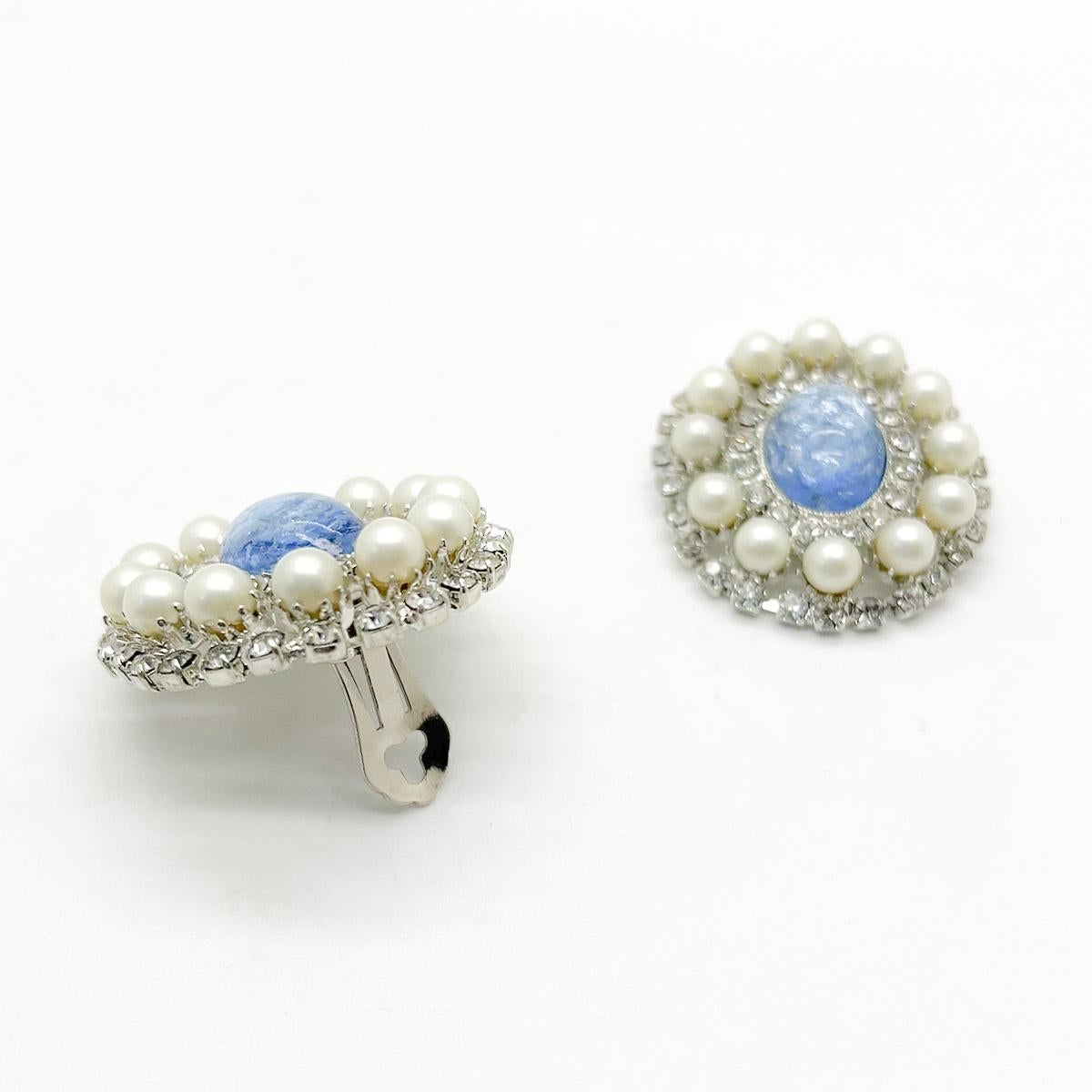 A beautiful Pair of Vintage Easter Egg Pearl Earrings from the 1980s. Featuring the most ethereal pale blue easter egg stone surrounded by a gallery of luxurious faux pearls and a double gallery of chaton crystals. Make a statement in these