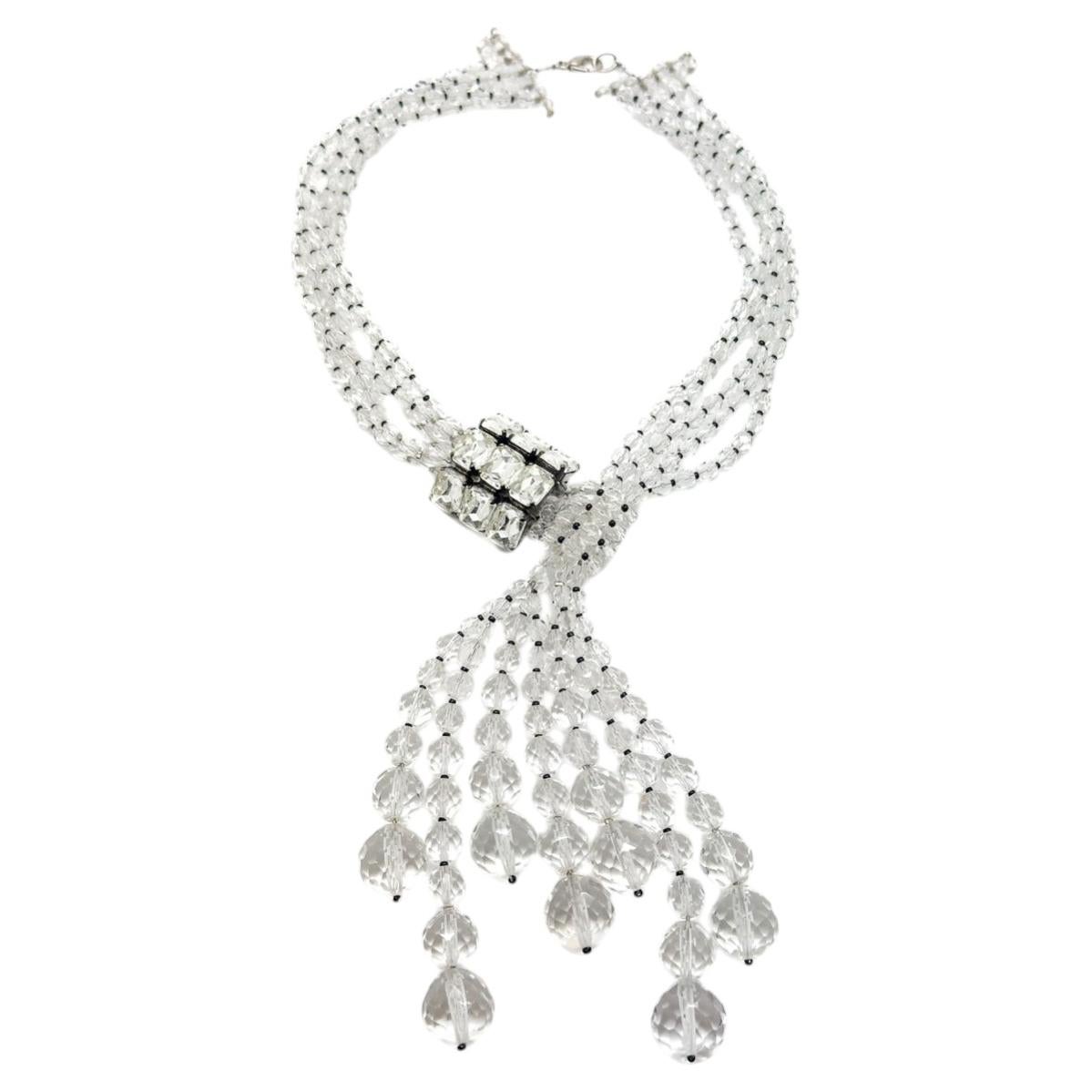 Collier vintage à pendentif en cristal facetté et pompon, style « lariat », années 1970 en vente