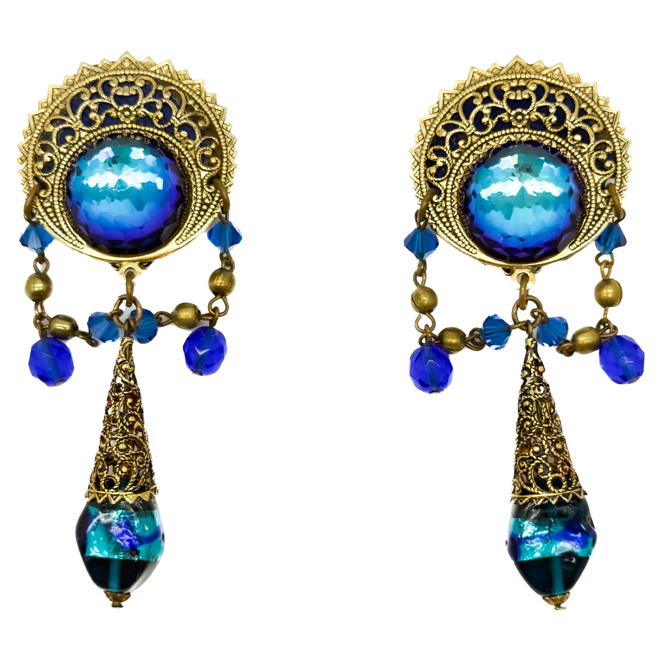 Vintage Statement Filigree Foiled Glass Earrings 1960s