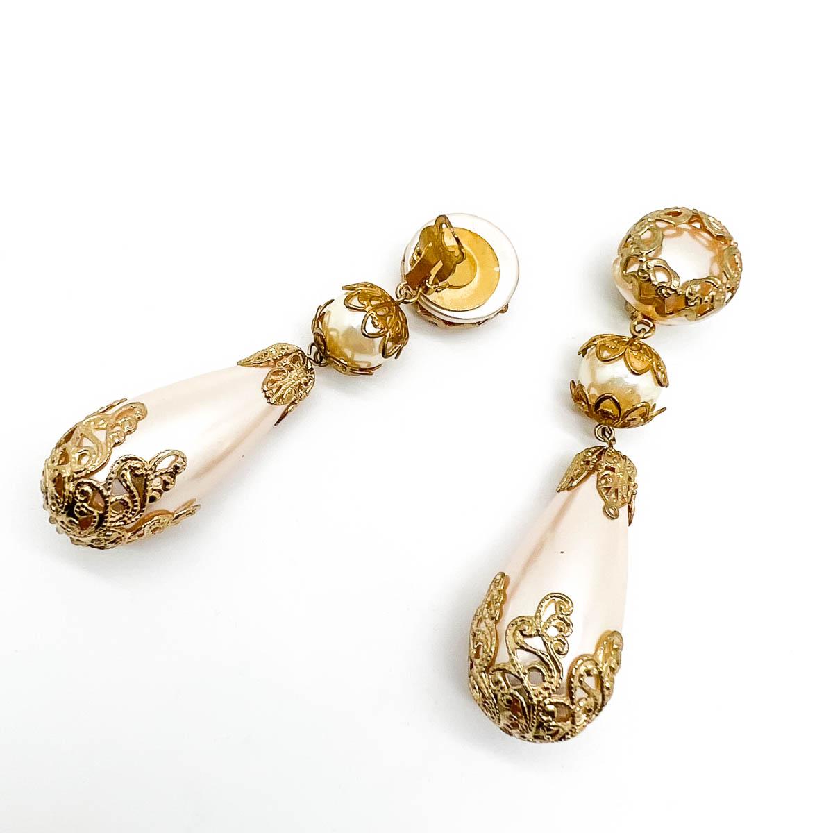 Women's or Men's vintage statement filigree overlay pearl bomb earrings 1980s For Sale