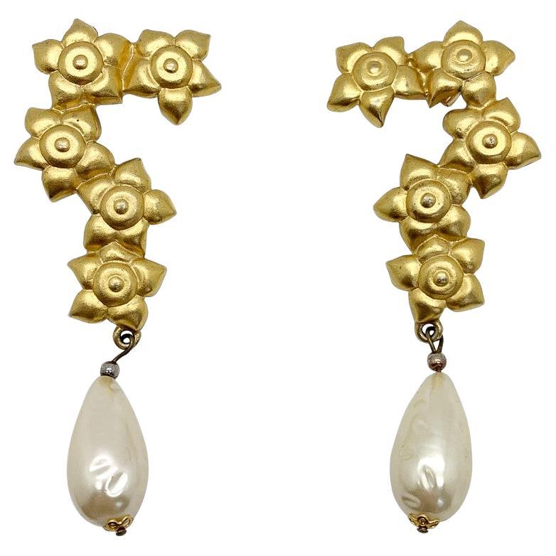 vintage statement floral baroque pearl earrings 1980s For Sale