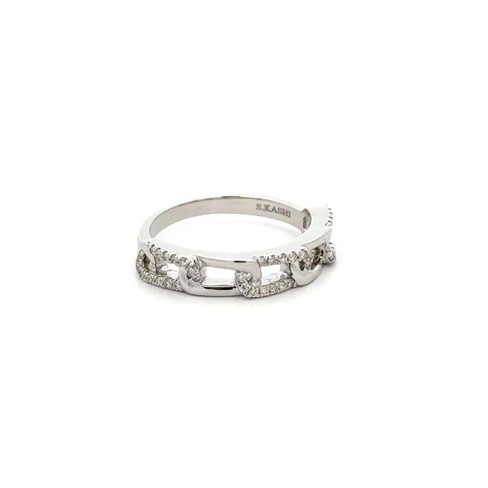Simply Beautiful! Vintage Polished Open Links Ring and alternating Rectangular Open Links, Hand set with Round Brilliant Cut Diamonds, weighing approx. 0.22tcw. Hand crafted in 14K White Gold. Ring size 6.5, we offer ring resizing. In excellent