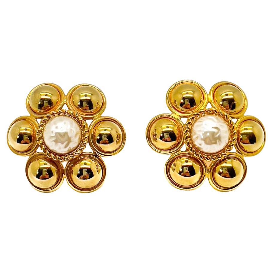 Vintage Statement Gold & Pearl Flower Earrings 1960s For Sale