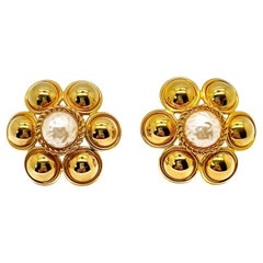 Retro Statement Gold & Pearl Flower Earrings 1960s