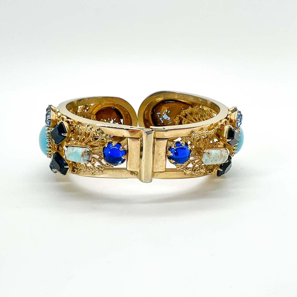 Vintage Statement Jewelled Filigree Clamper Cuff 1950s For Sale 1