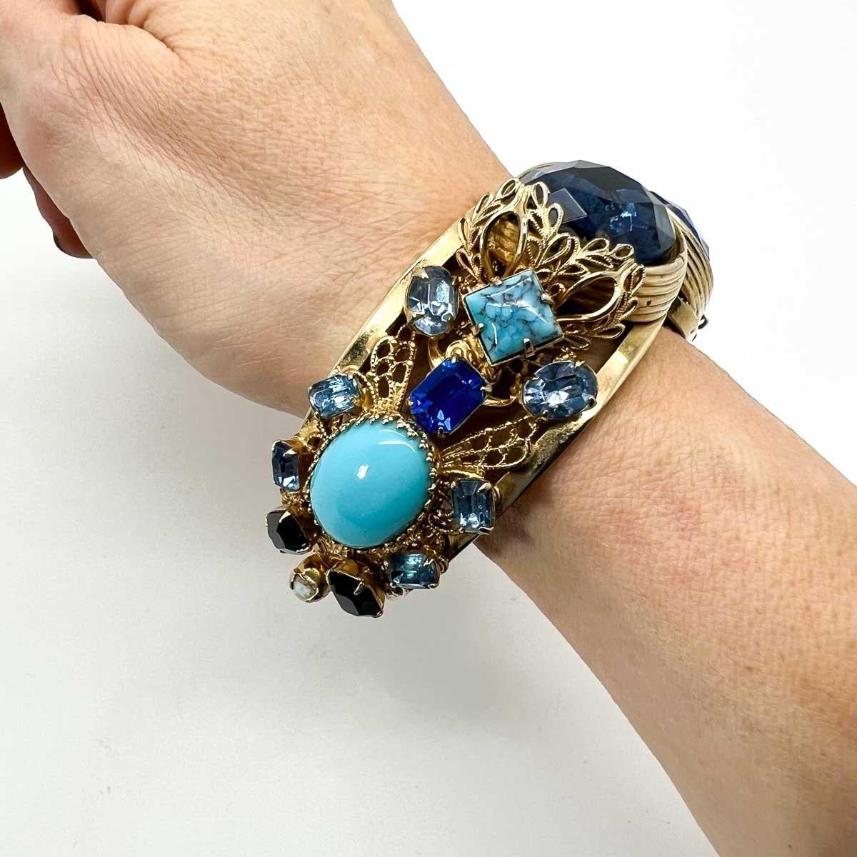 Vintage Statement Jewelled Filigree Clamper Cuff 1950s For Sale 3