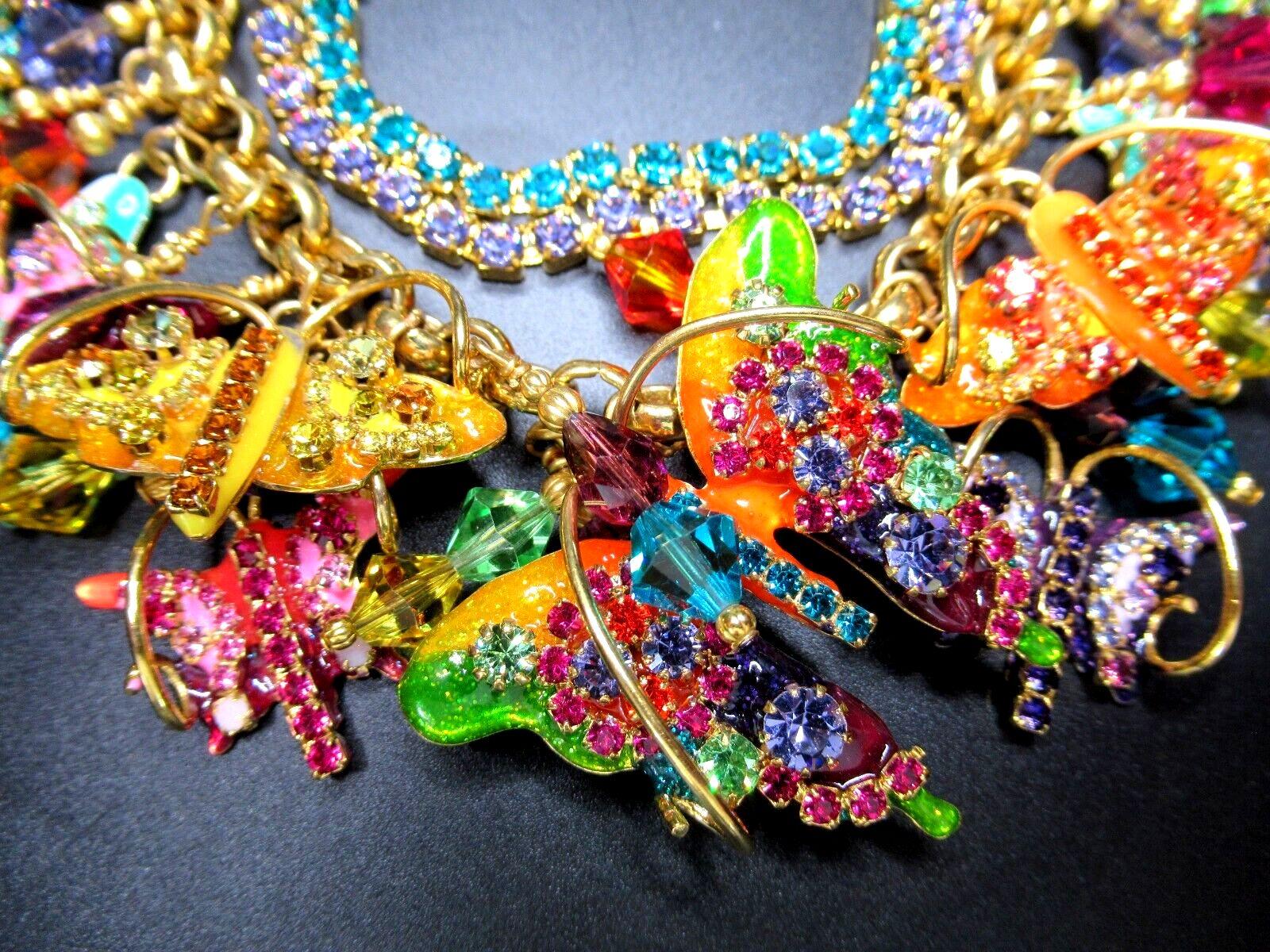 Contemporary Vintage Statement LUNCH AT THE RITZ Crystal Enamel Butterflies Charm Bracelet For Sale