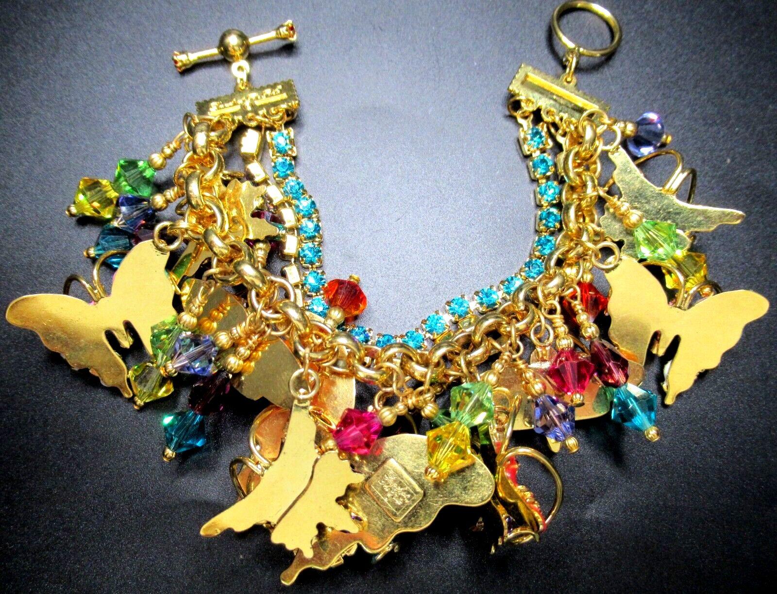 Vintage Statement LUNCH AT THE RITZ Crystal Enamel Butterflies Charm Bracelet In Excellent Condition For Sale In Montreal, QC