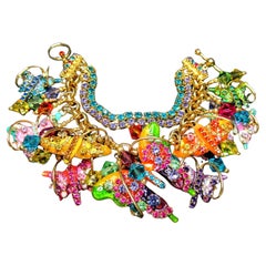 Retro Statement LUNCH AT THE RITZ Crystal Enamel Butterflies Charm Bracelet