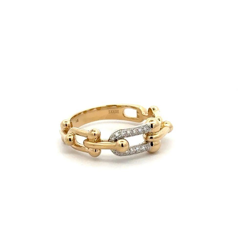 Simply Beautiful! Vintage Lock Open Polished Gold Links and Diamond Band Ring. Featuring a link Hand set with Round Brilliant Cut Diamonds, weighing approx. 0.13tcw. Hand crafted in polished 14K Yellow Gold. Ring size 6.5, we offer ring resizing. In