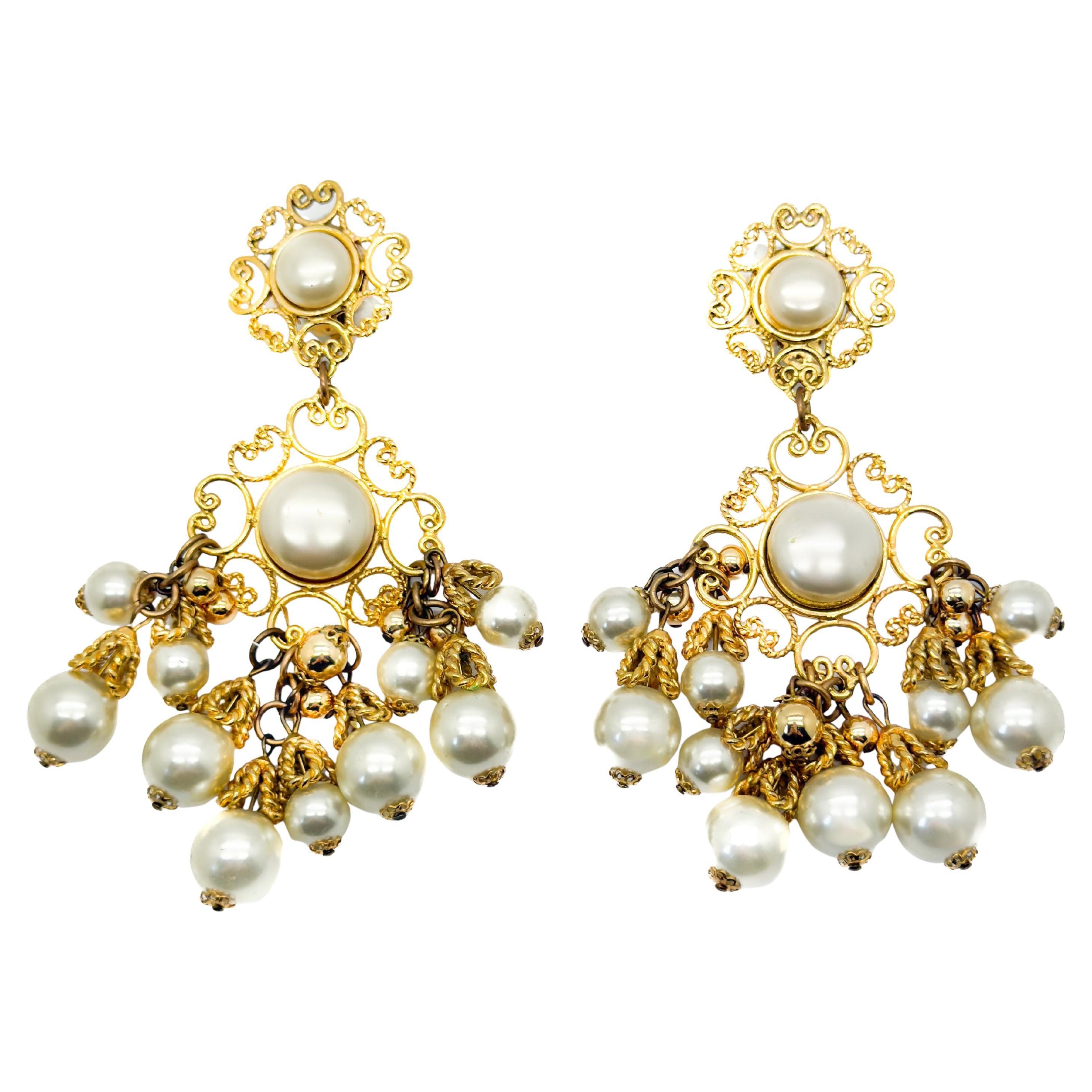 Vintage Statement Pearl Chandelier Earrings 1980s