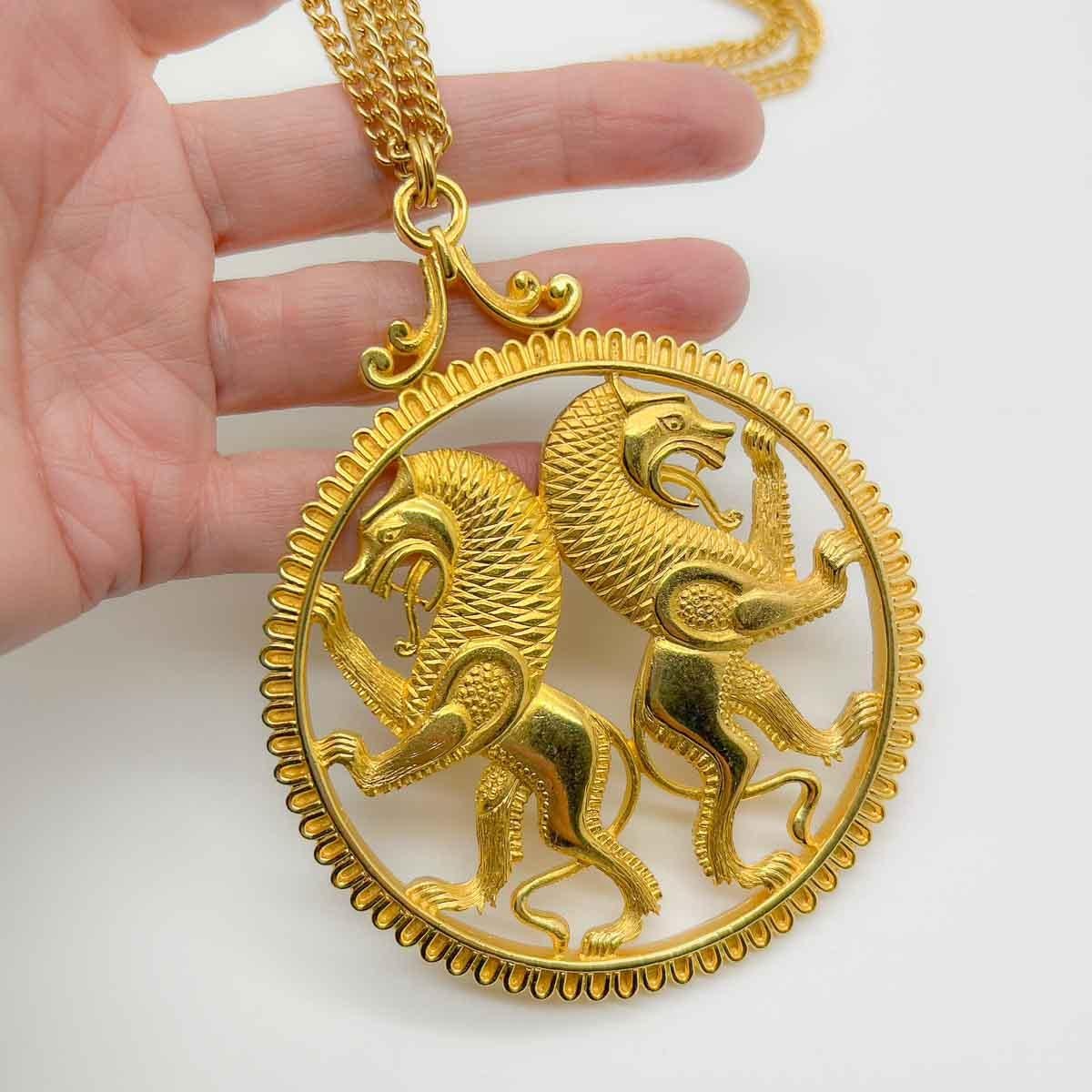 A gigantic, wonderfully lustrous heraldic style Vintage Rampant Lions Medallion Necklace. Denoting courage and strength this is the ultimate medallion and style statement.
An unsigned beauty. A rare treasure. Just because a jewel doesn’t carry a