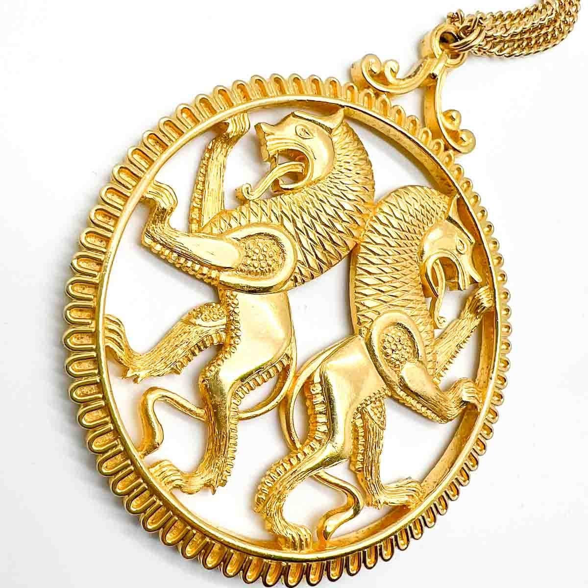 Vintage Statement Rampant Lions Medallion Necklace 1960s For Sale 1