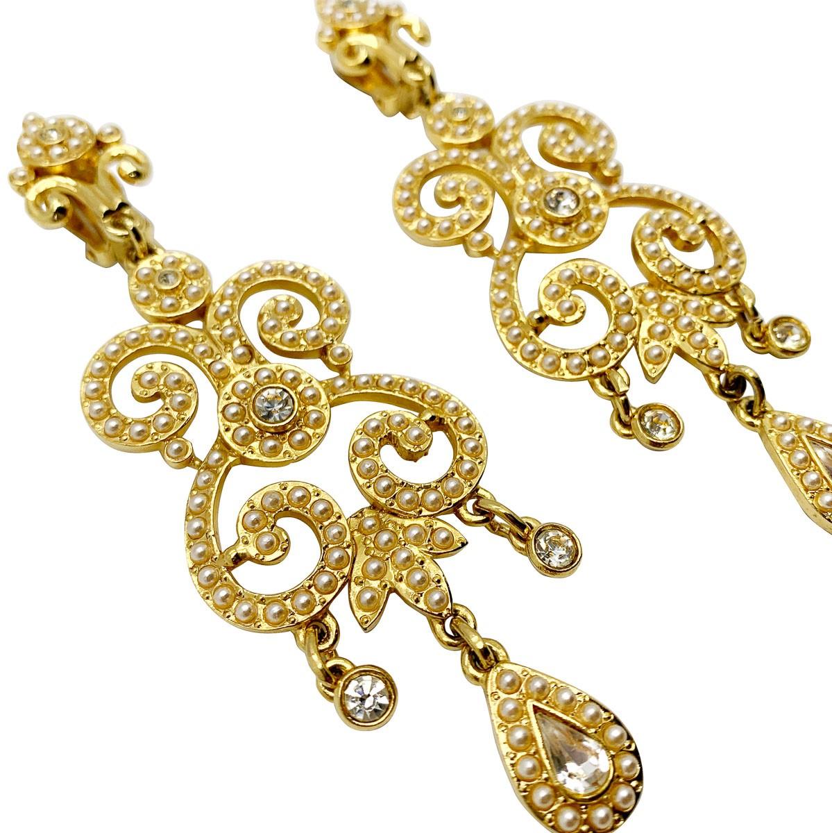 Renaissance Revival Vintage Statement Seed Pearl Lond Drop Chandelier Earrings 1990s For Sale