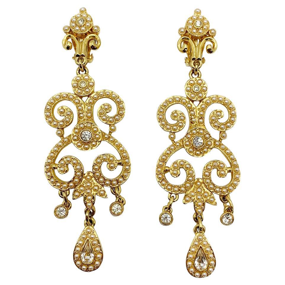 Vintage Statement Seed Pearl Lond Drop Chandelier Earrings 1990s