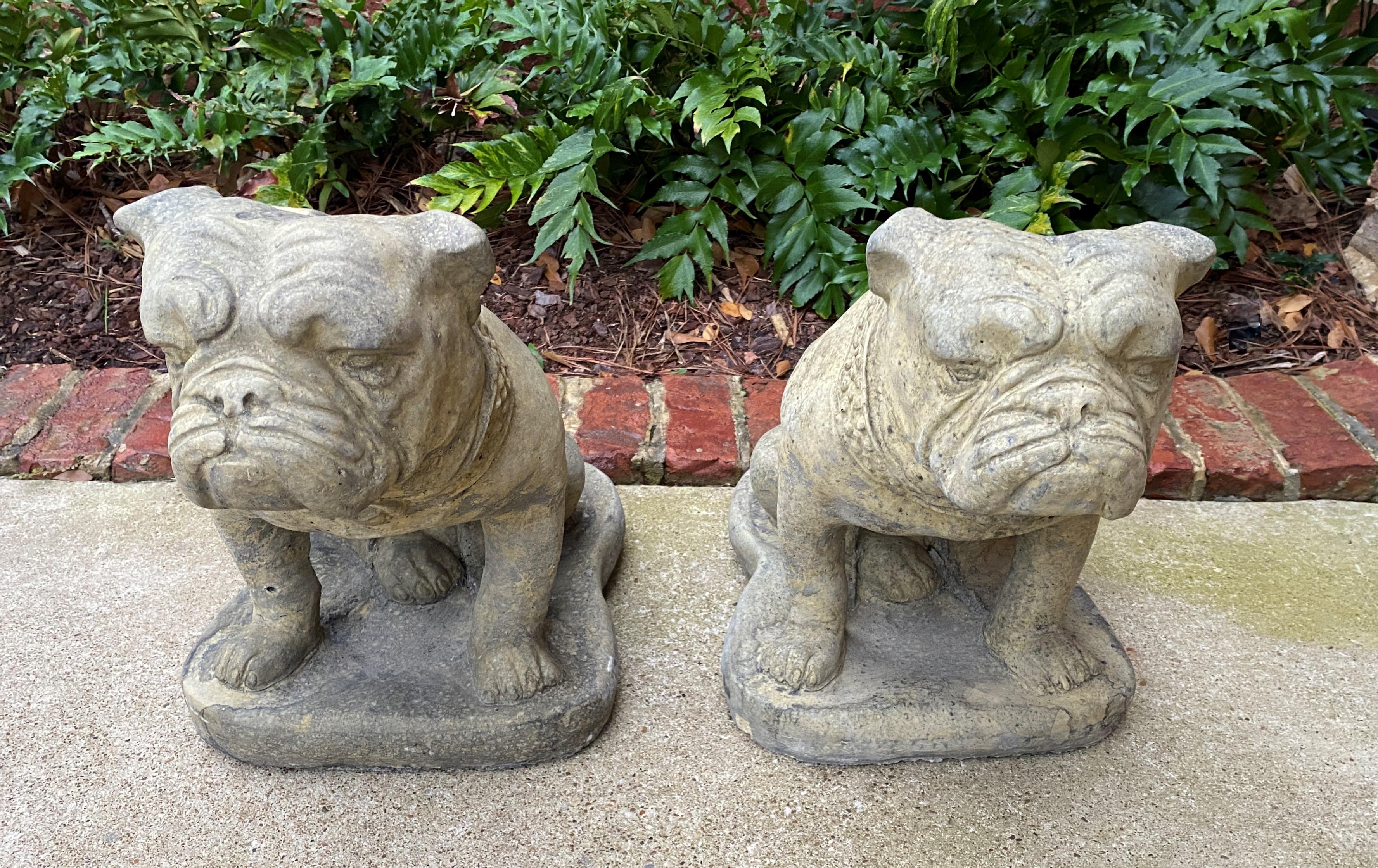 Vintage Statues Garden Figures Bulldogs Cast Stone Pair Seated Dogs 3