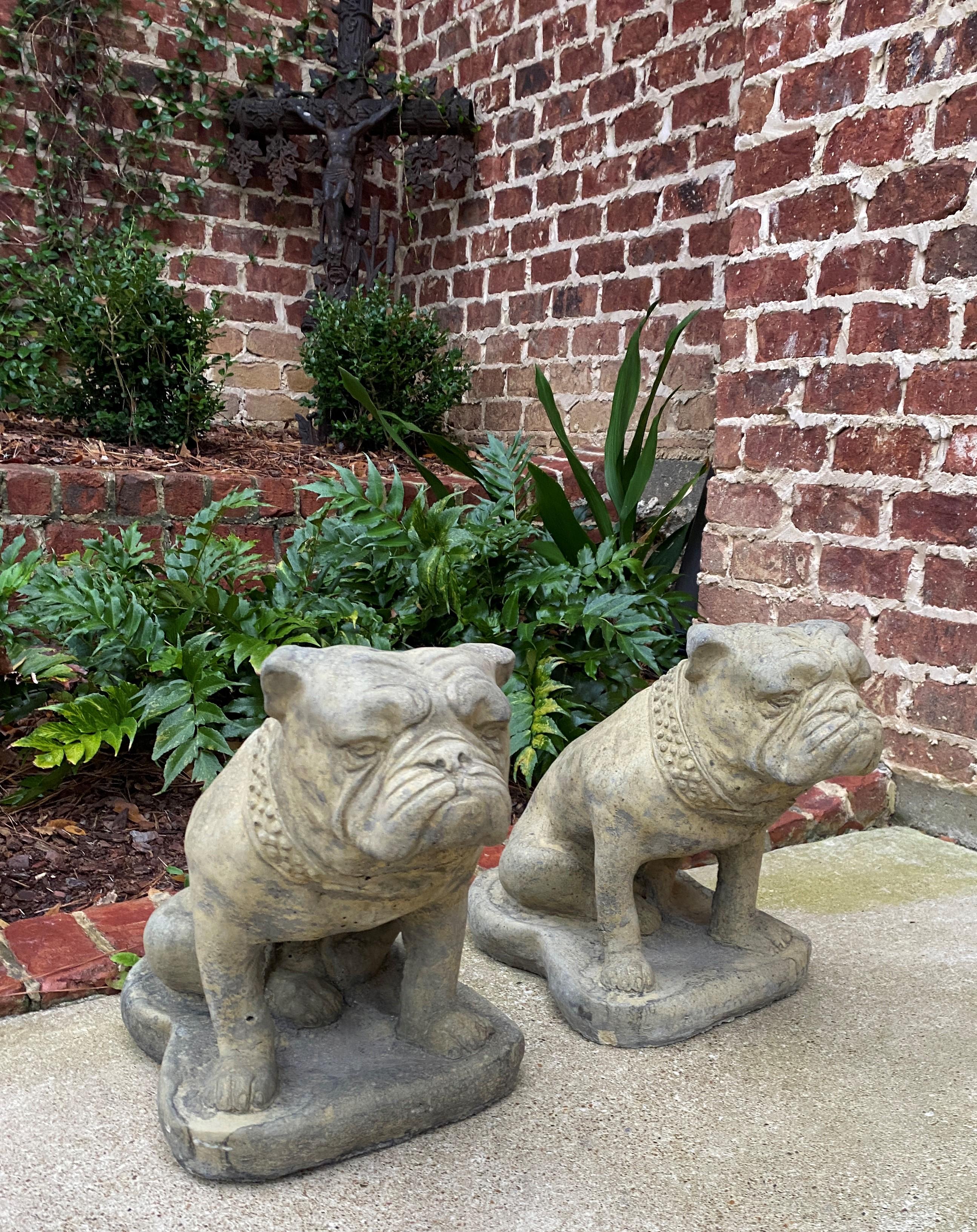 Vintage pair Cast Stone Seated BULLDOG Statues~~Garden Figures~~Architectural Yard Decor

Original aged patina

 The perfect accent piece or focal point in a garden, yard, flower bed, or sunroom 

 Each dog is 16