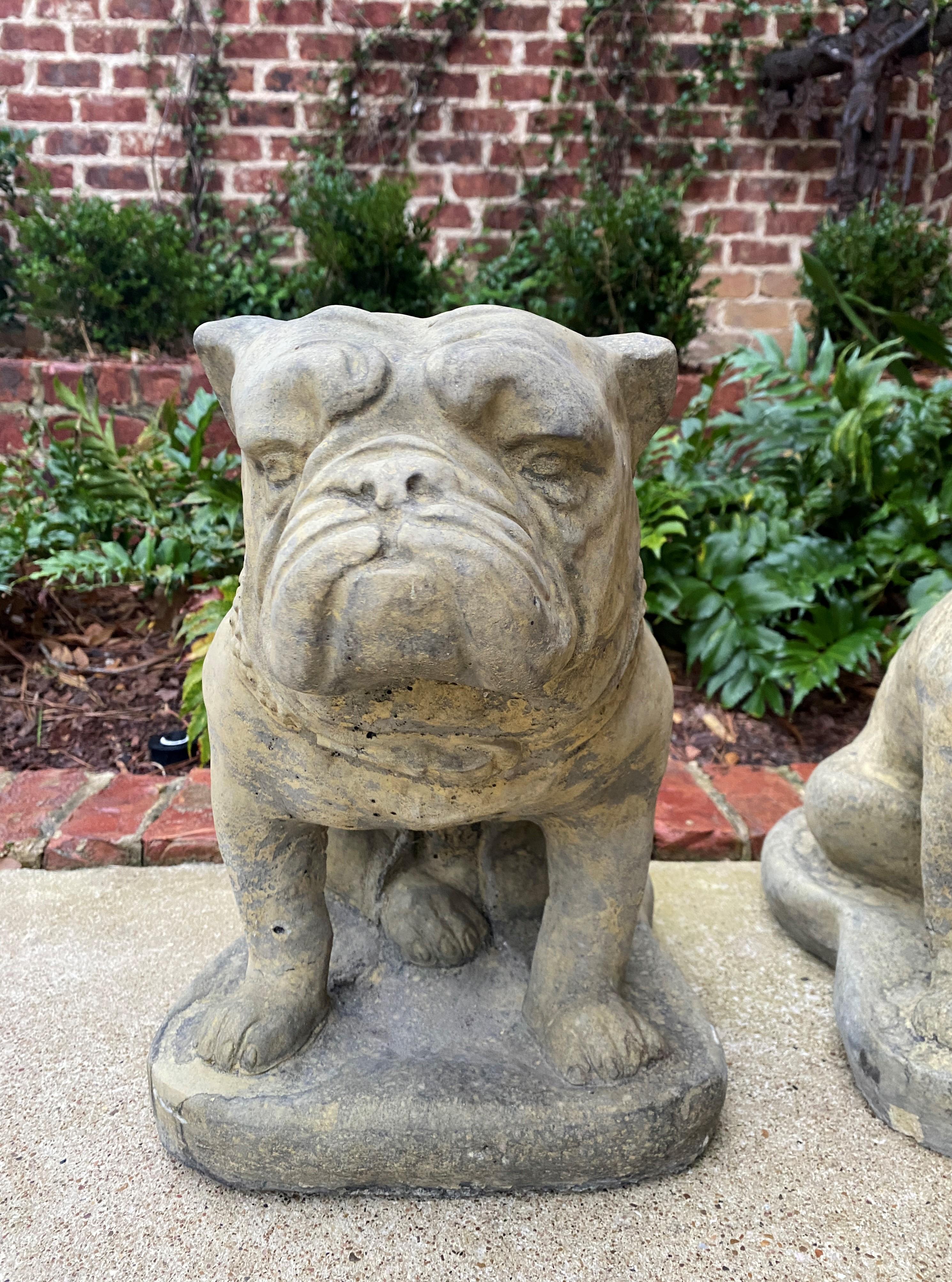 English Vintage Statues Garden Figures Bulldogs Cast Stone Pair Seated Dogs