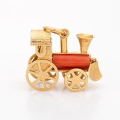 Vintage Steam Train Charm Coral 18 Karat Gold Locomotive Jewelry Pendant