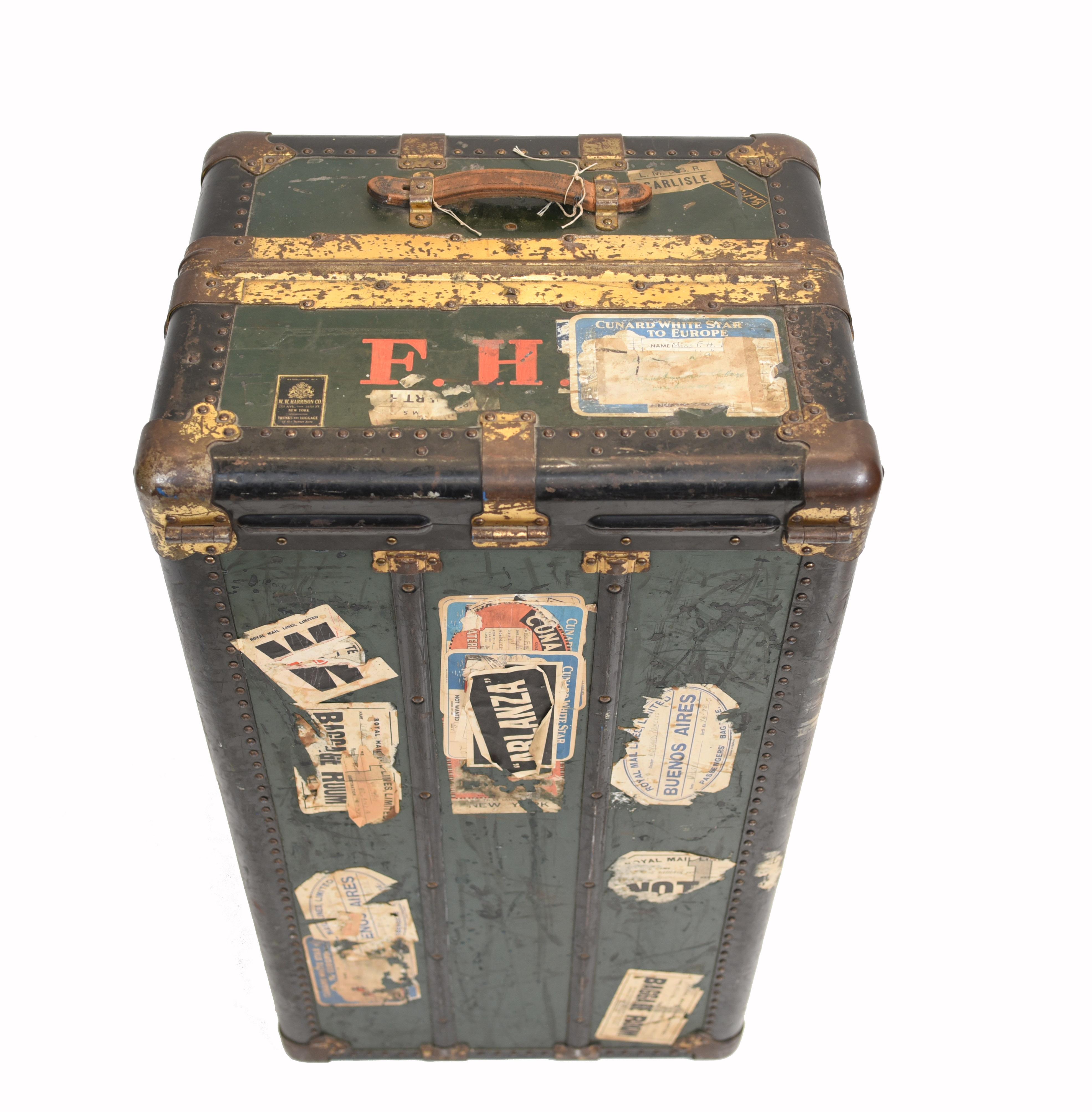 Wow - you find some gems in this industry but I think this is a step above the rest
Absolutely stunning vintage leather and wood cabin trunk
Antique attributed to Harrison & Co of New York
We date this to circa 1920
All the stickers and even the