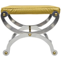 Vintage Steel and Brass Curule X-Frame Regency Maison Jansen Style Stool Bench