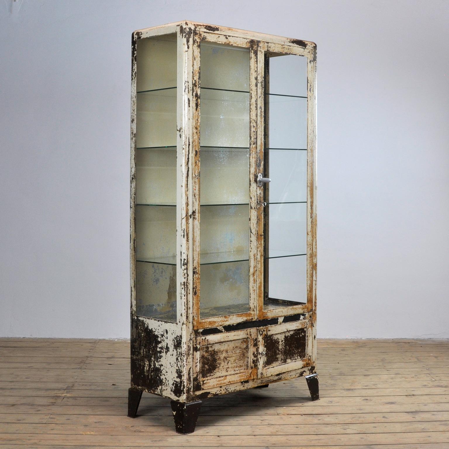 Industrial Vintage Steel and Glass Medical Cabinet, 1930s
