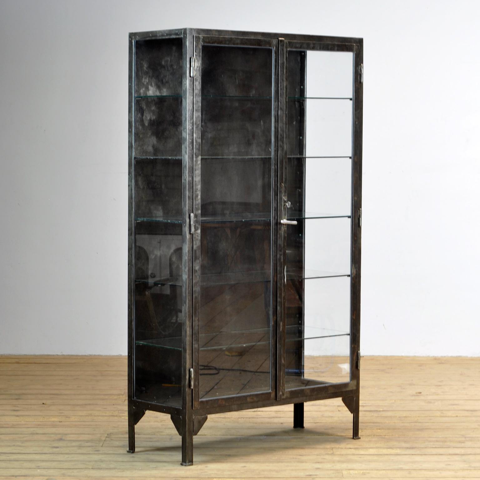 Industrial Vintage Steel and Glass Medical Cabinet, 1940s