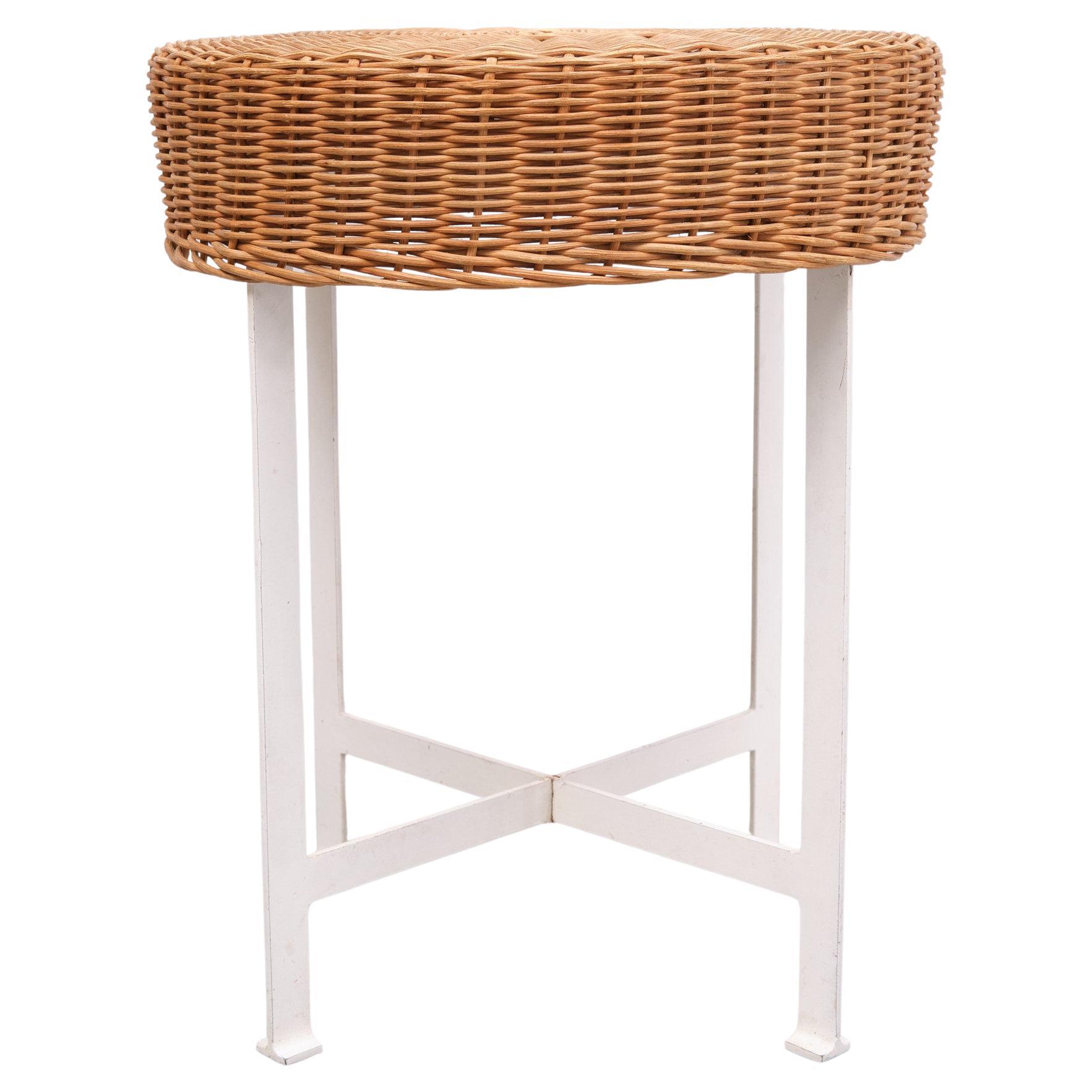 Very nice modernist stool .White Flat Steel base .comes with a Wicker seat . 
rare find . Dutch 1960s . Good condition . 