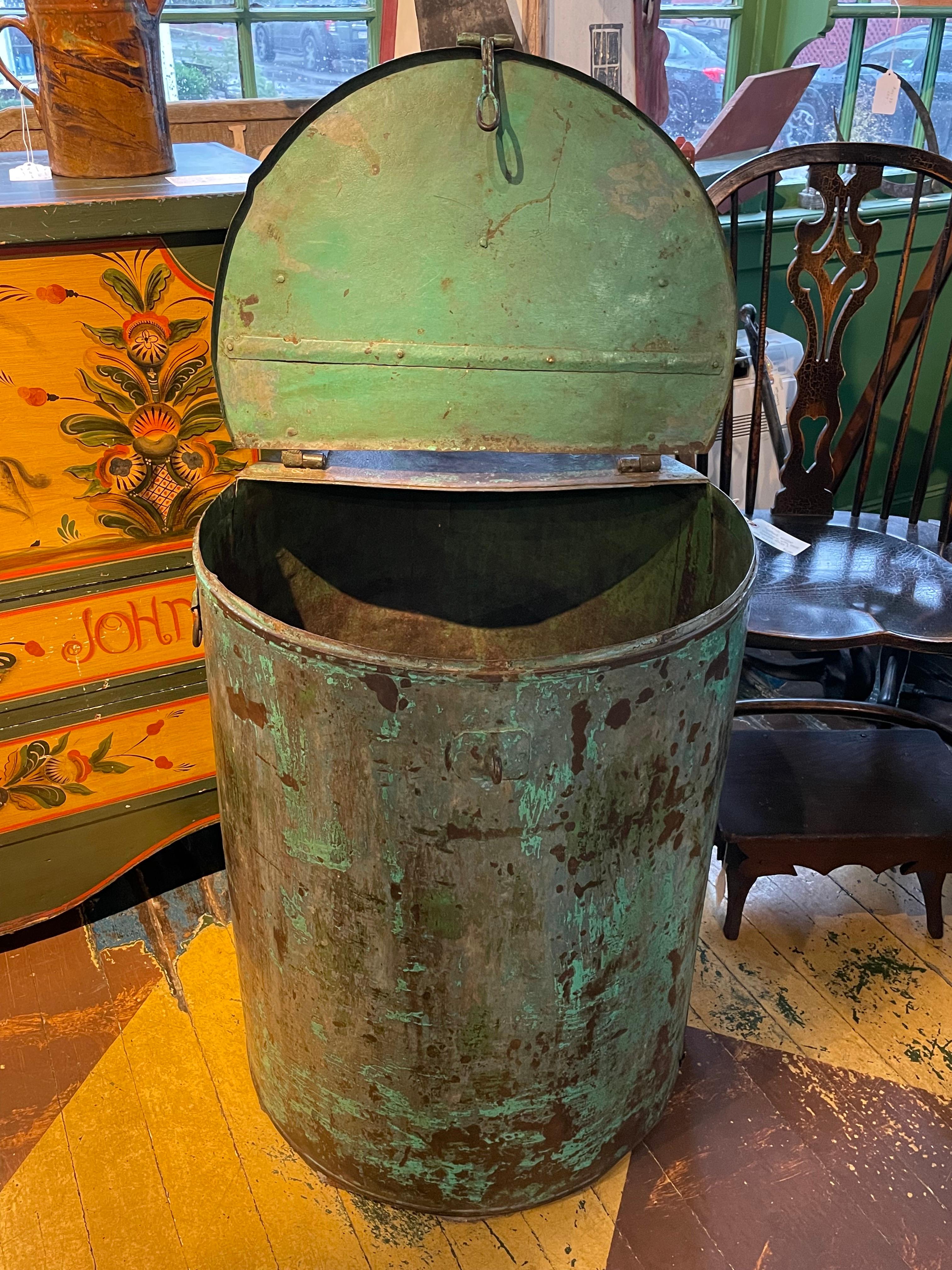 Vintage Steel Drum in Turquoise and Faux Verdigris Paint In Good Condition For Sale In Nantucket, MA