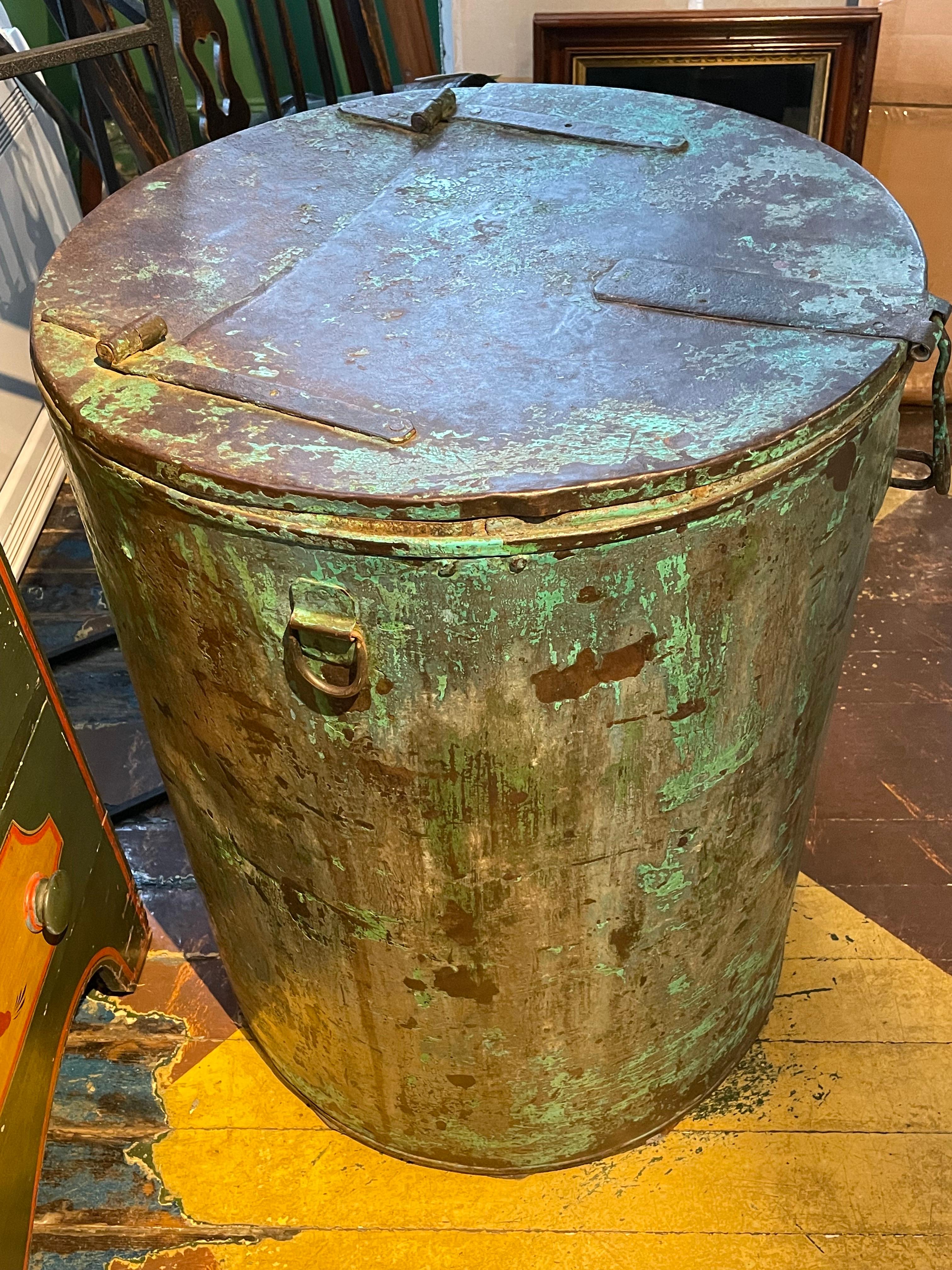 20th Century Vintage Steel Drum in Turquoise and Faux Verdigris Paint For Sale