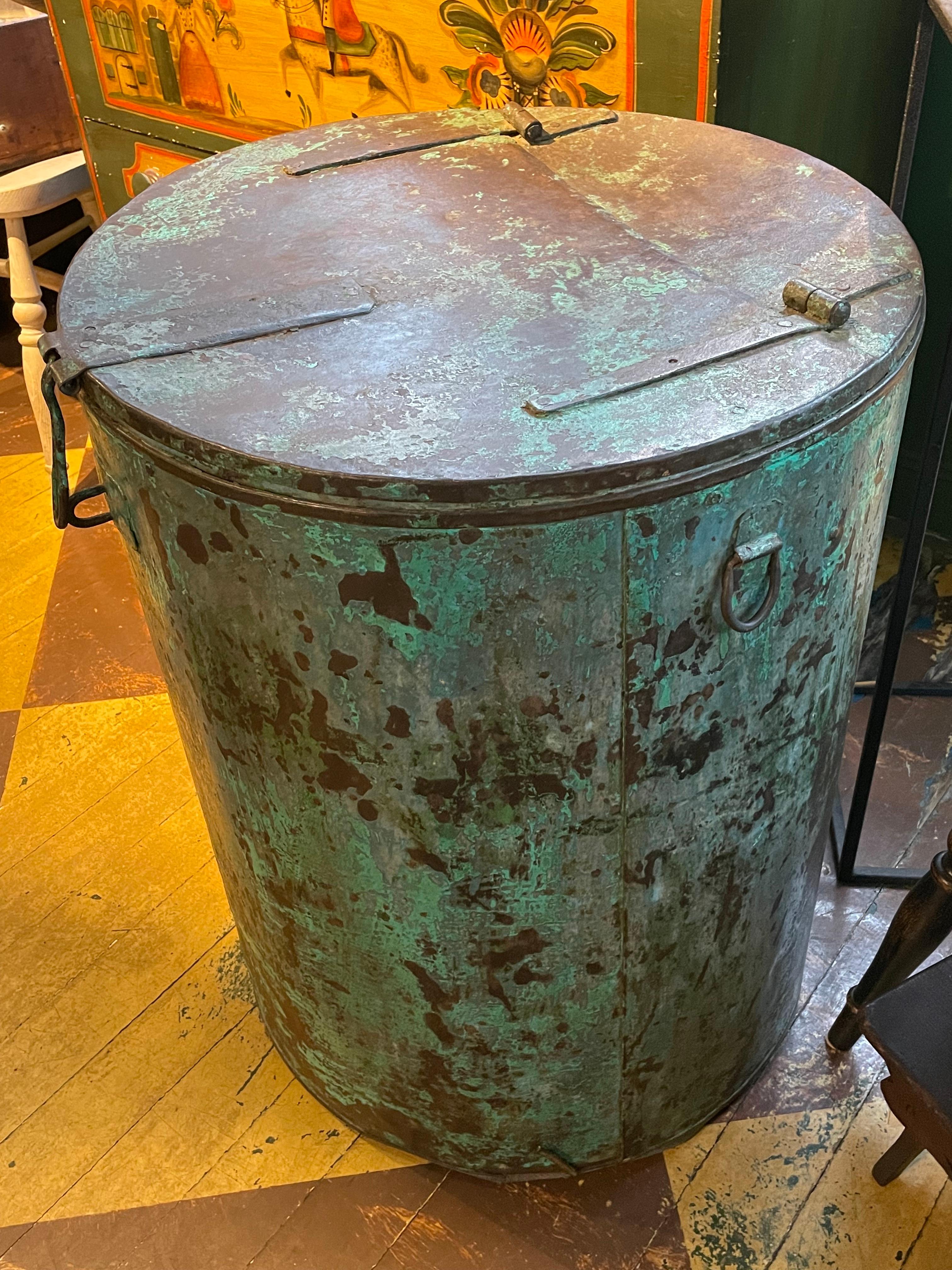 Vintage Steel Drum in Turquoise and Faux Verdigris Paint For Sale 1
