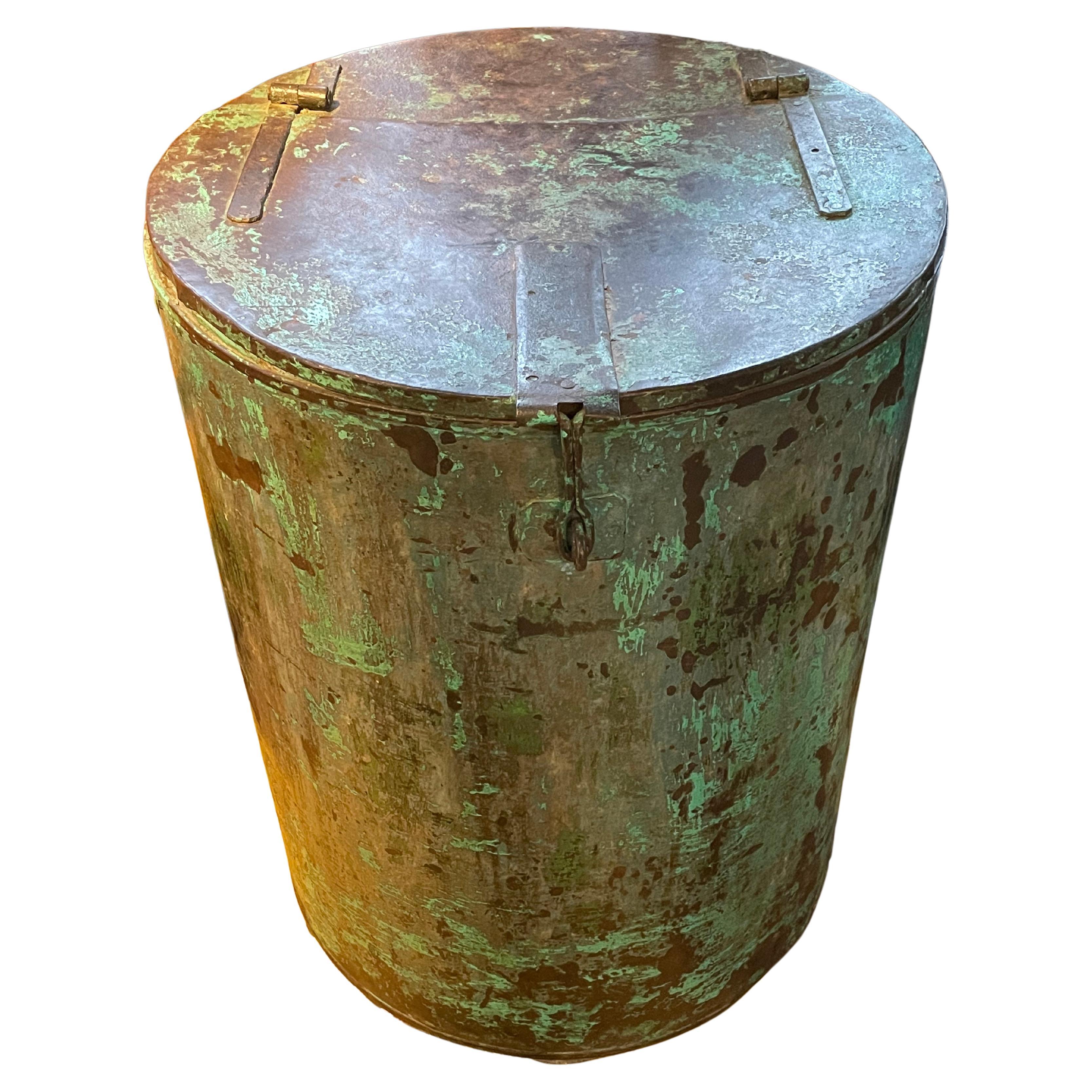 Vintage Steel Drum in Turquoise and Faux Verdigris Paint For Sale