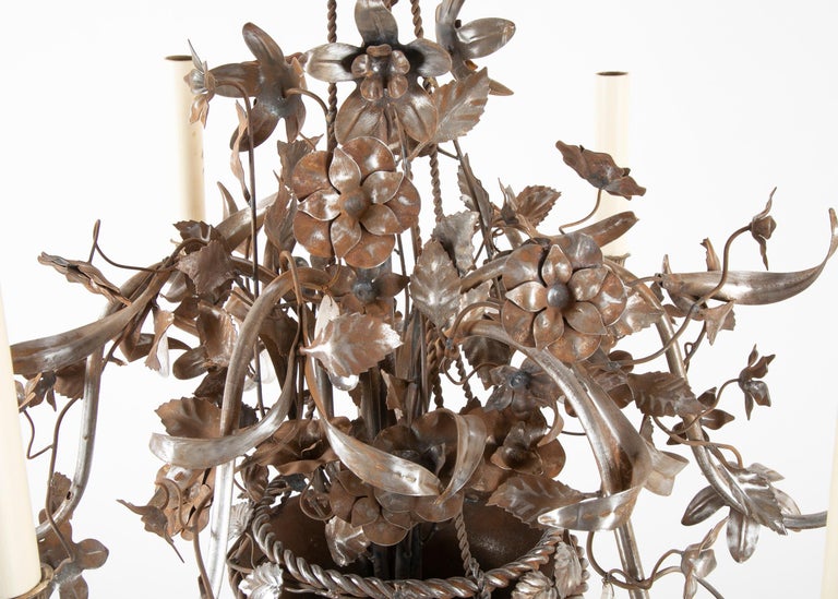 Vintage Steel Floral Chandelier with Basket, Bow Knots and Ribbons For