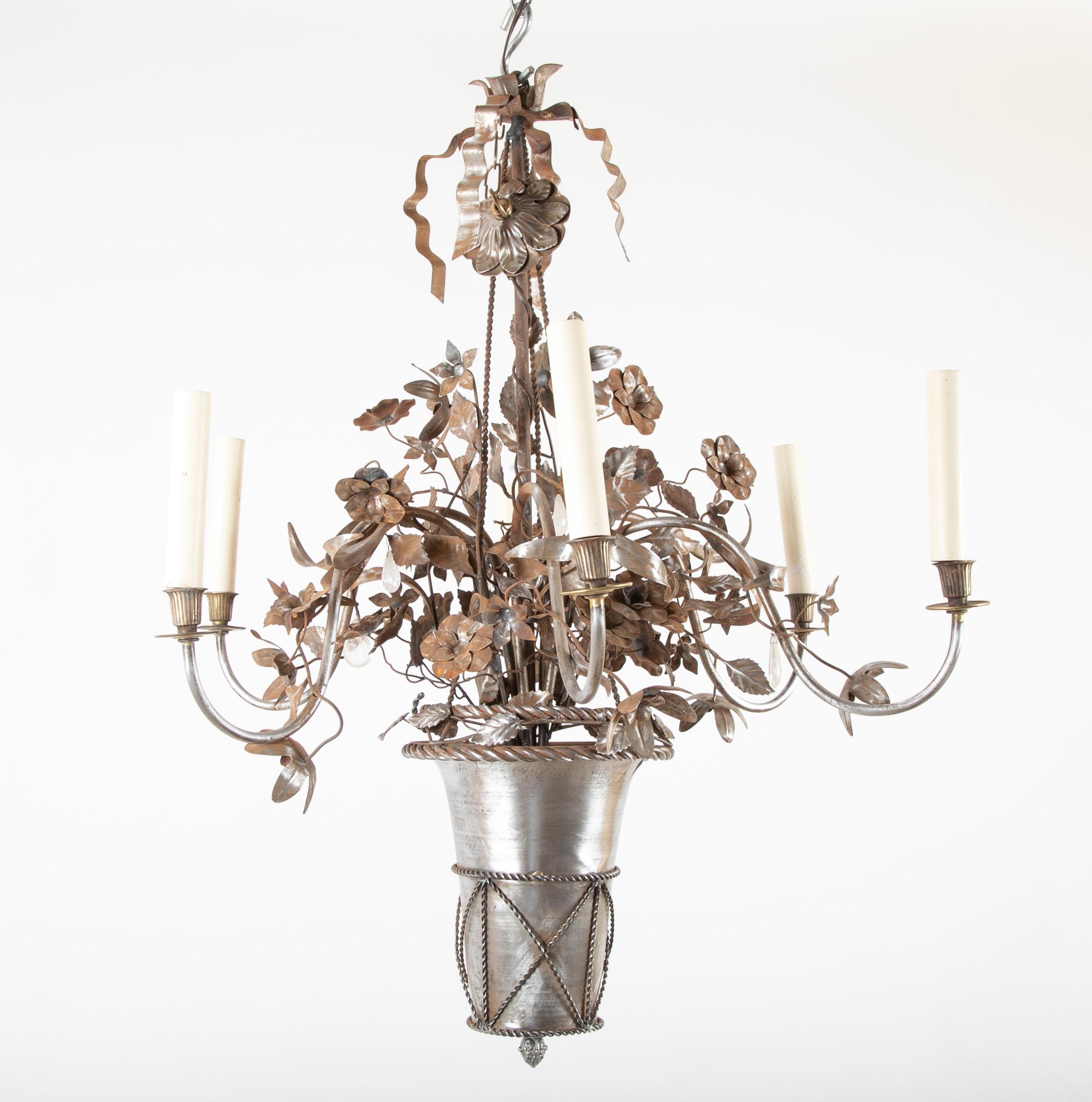 Vintage Steel Floral Chandelier with Basket, Bow Knots and Ribbons For Sale 13