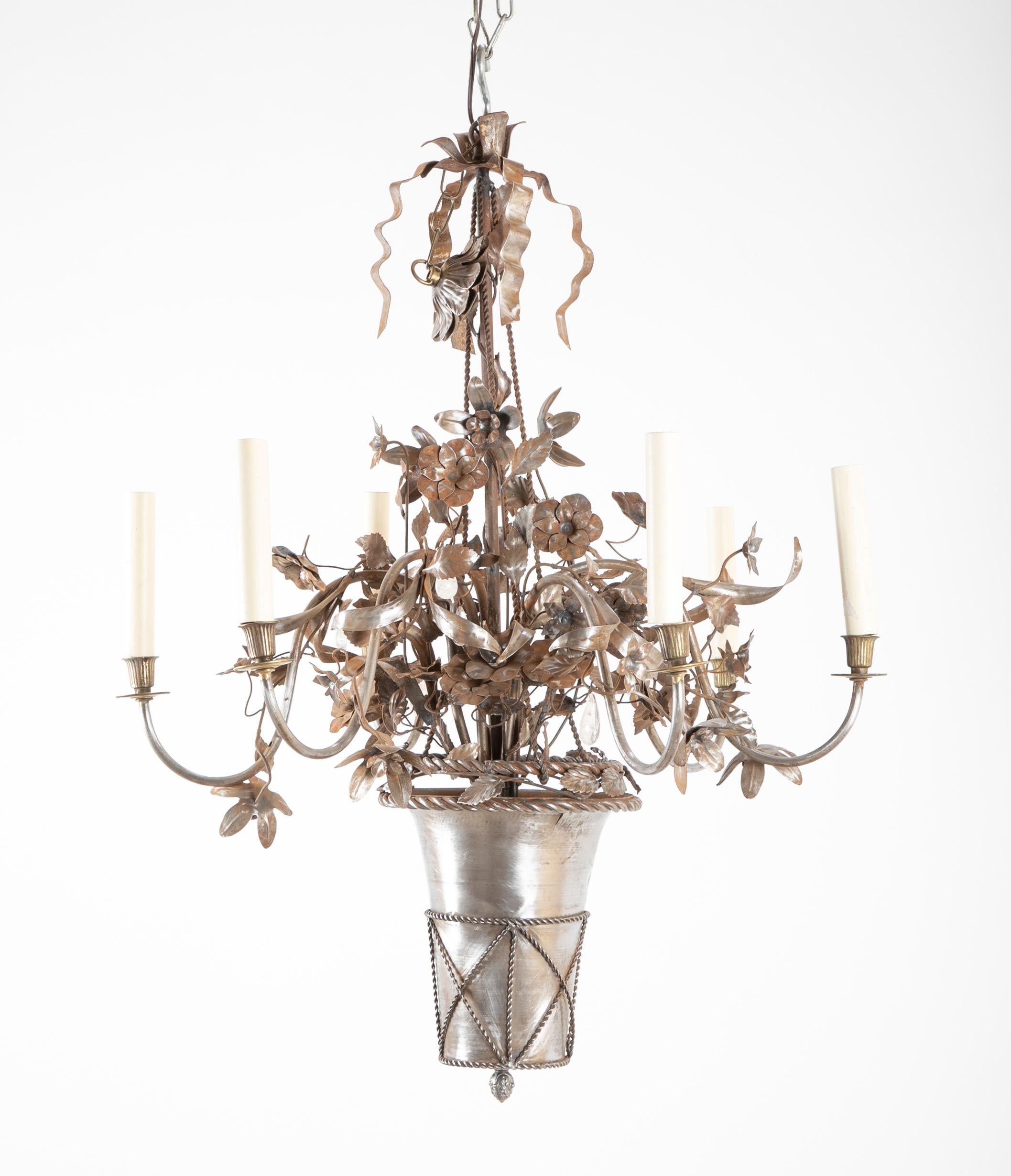 Vintage Steel Floral Chandelier with Basket, Bow Knots and Ribbons For Sale 14