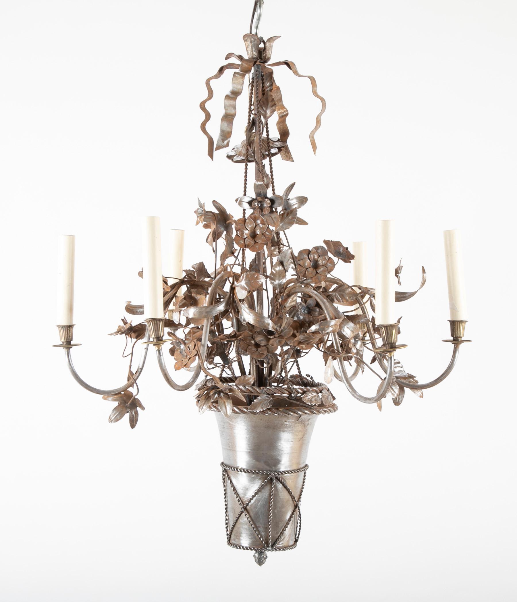 Louis XV Vintage Steel Floral Chandelier with Basket, Bow Knots and Ribbons For Sale
