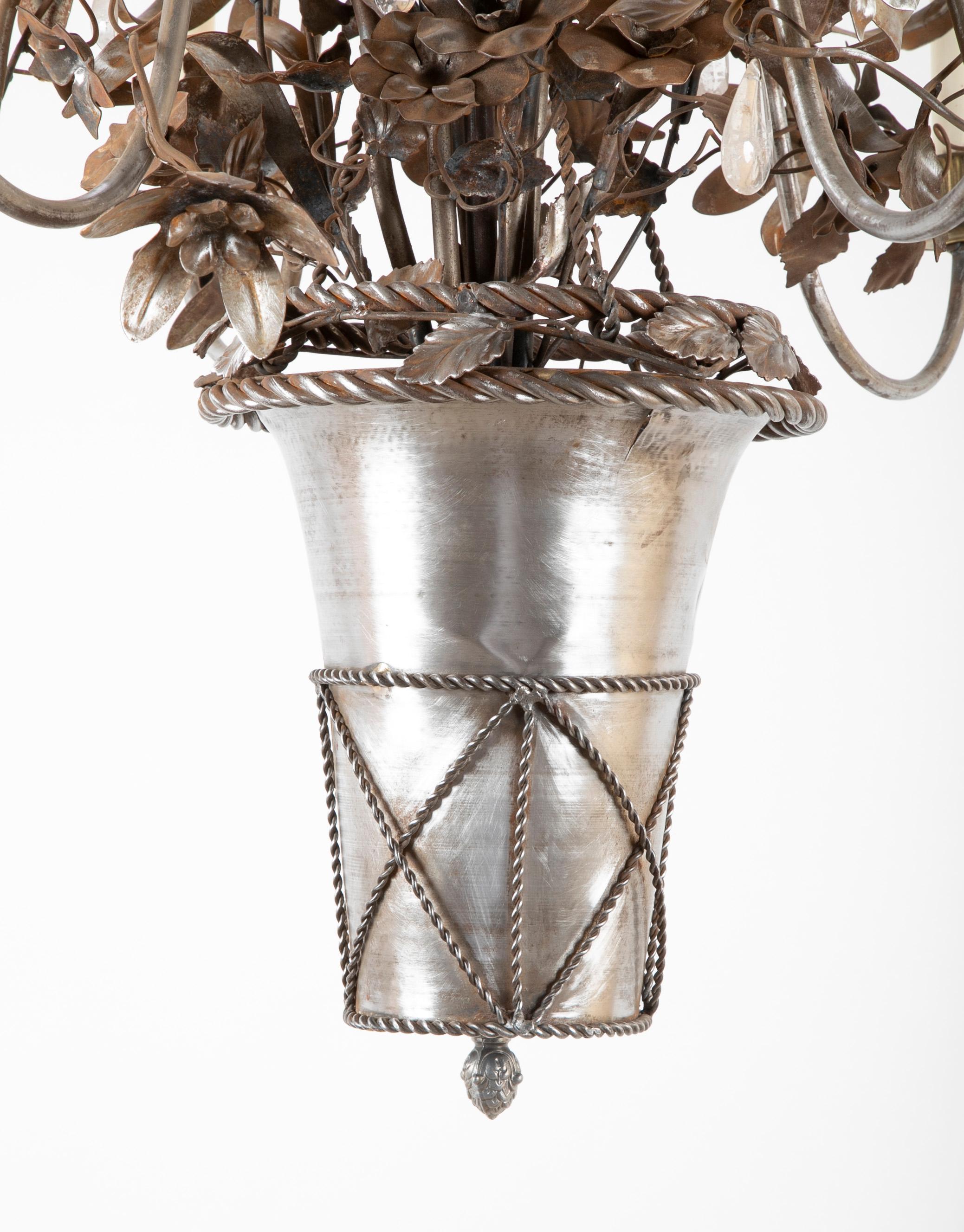 French Vintage Steel Floral Chandelier with Basket, Bow Knots and Ribbons For Sale