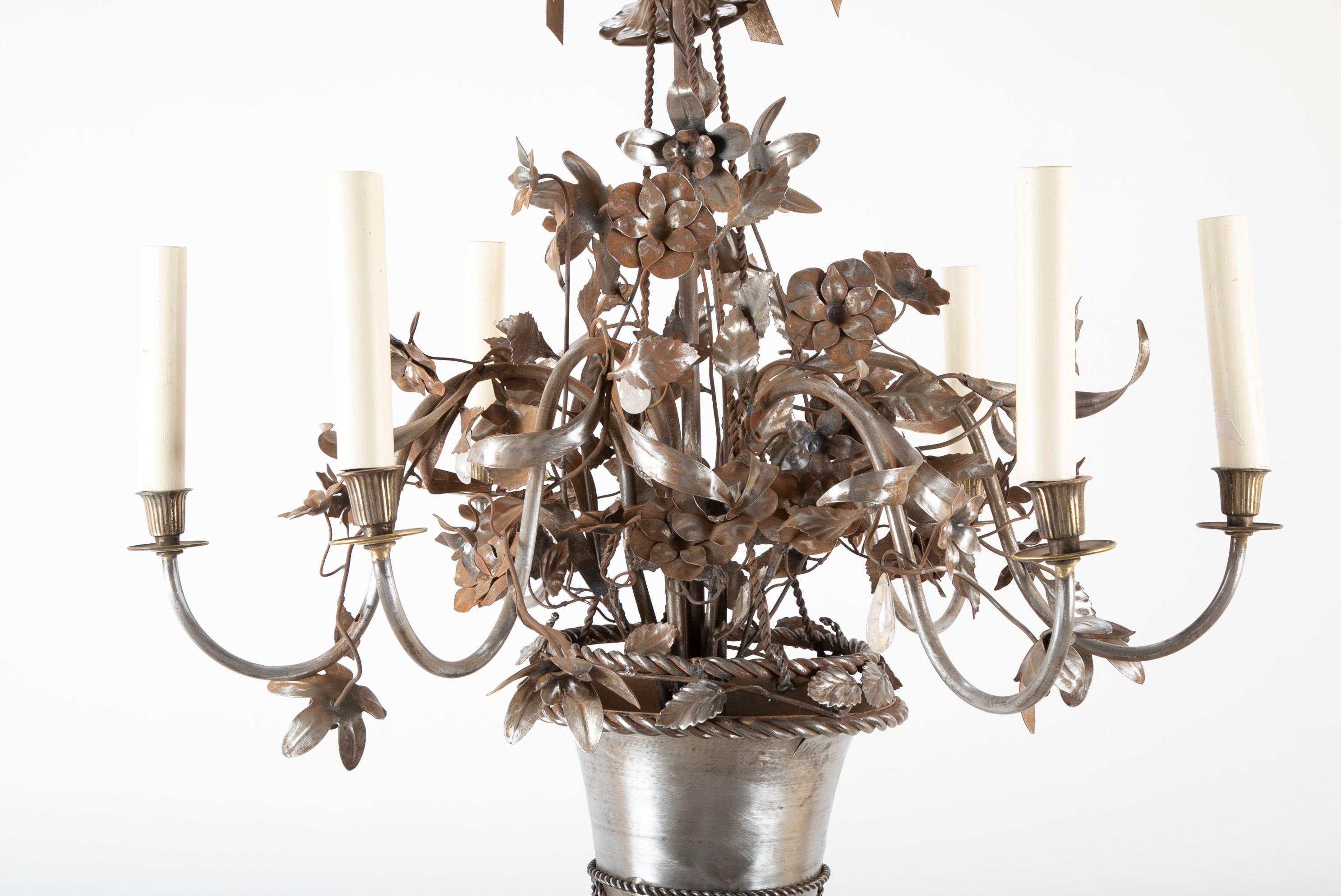 Vintage Steel Floral Chandelier with Basket, Bow Knots and Ribbons In Good Condition For Sale In Stamford, CT