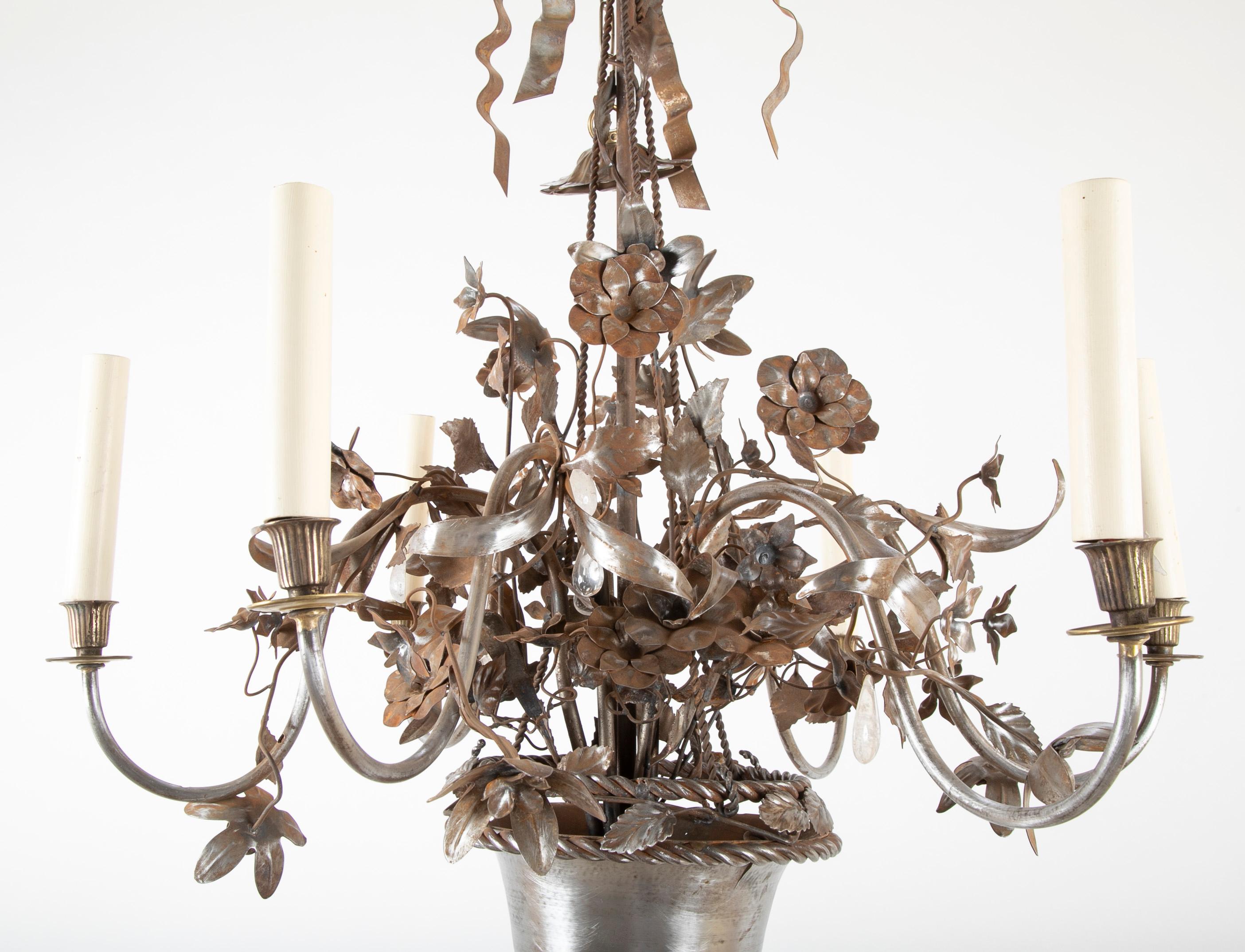 Vintage Steel Floral Chandelier with Basket, Bow Knots and Ribbons For Sale 2