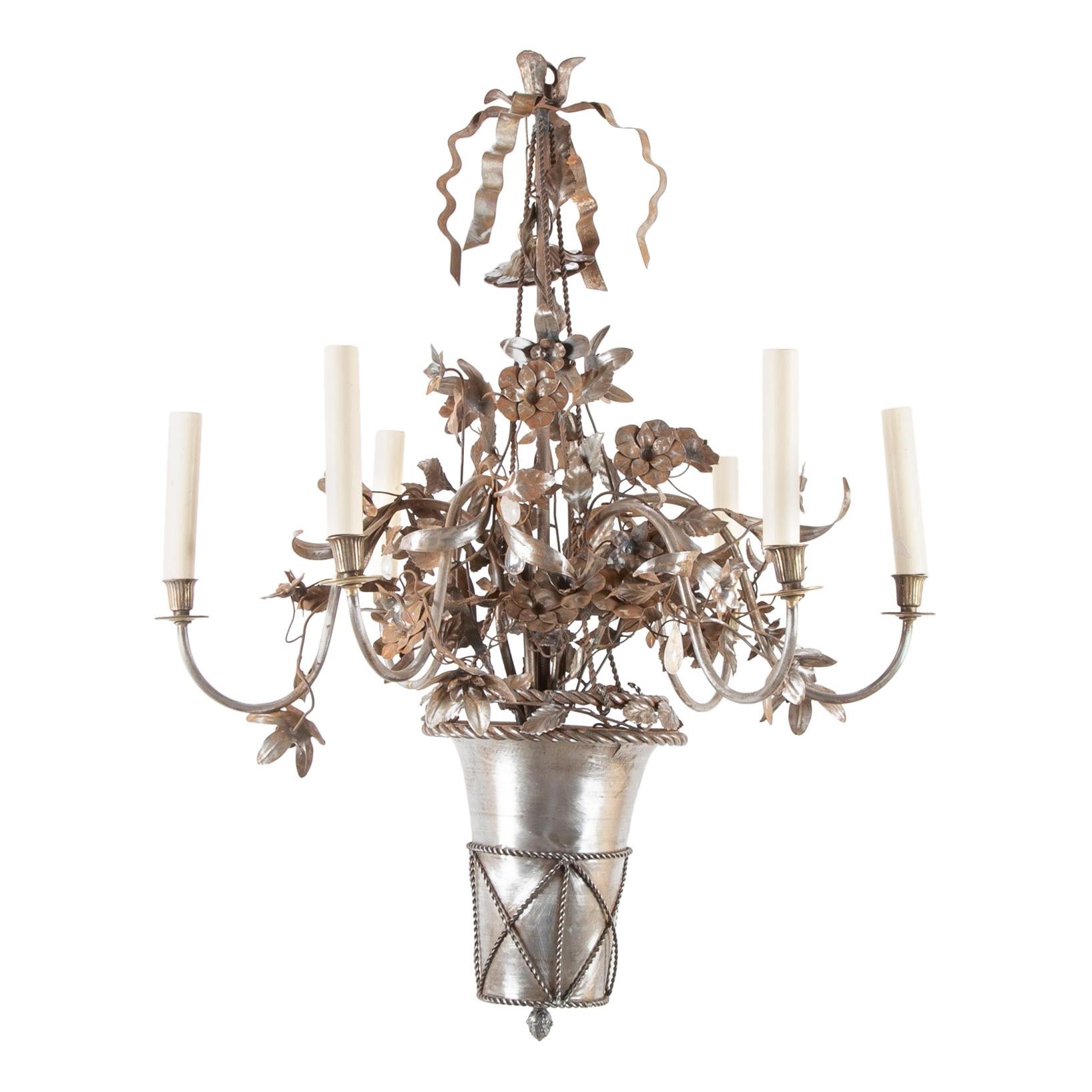 Vintage Steel Floral Chandelier with Basket, Bow Knots and Ribbons For Sale