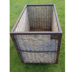 Vintage Steel Frame & Wicker Laundry Basket Bin on Wheels