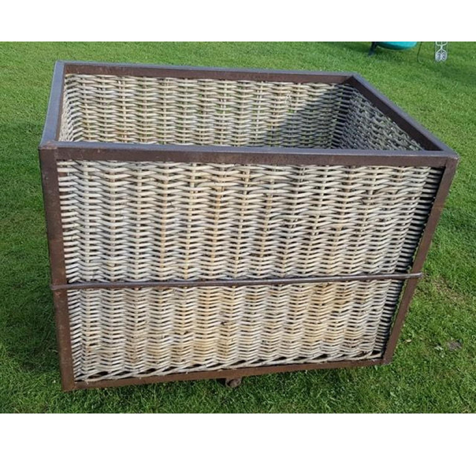 Industrial Vintage Steel Frame & Wicker Laundry Basket Bin on Wheels